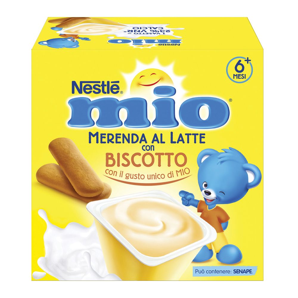 Confezione gialla "Nestlé mio", Merenda Biscotto, biscotti e orsetto blu. Indicazione 6+ mesi.