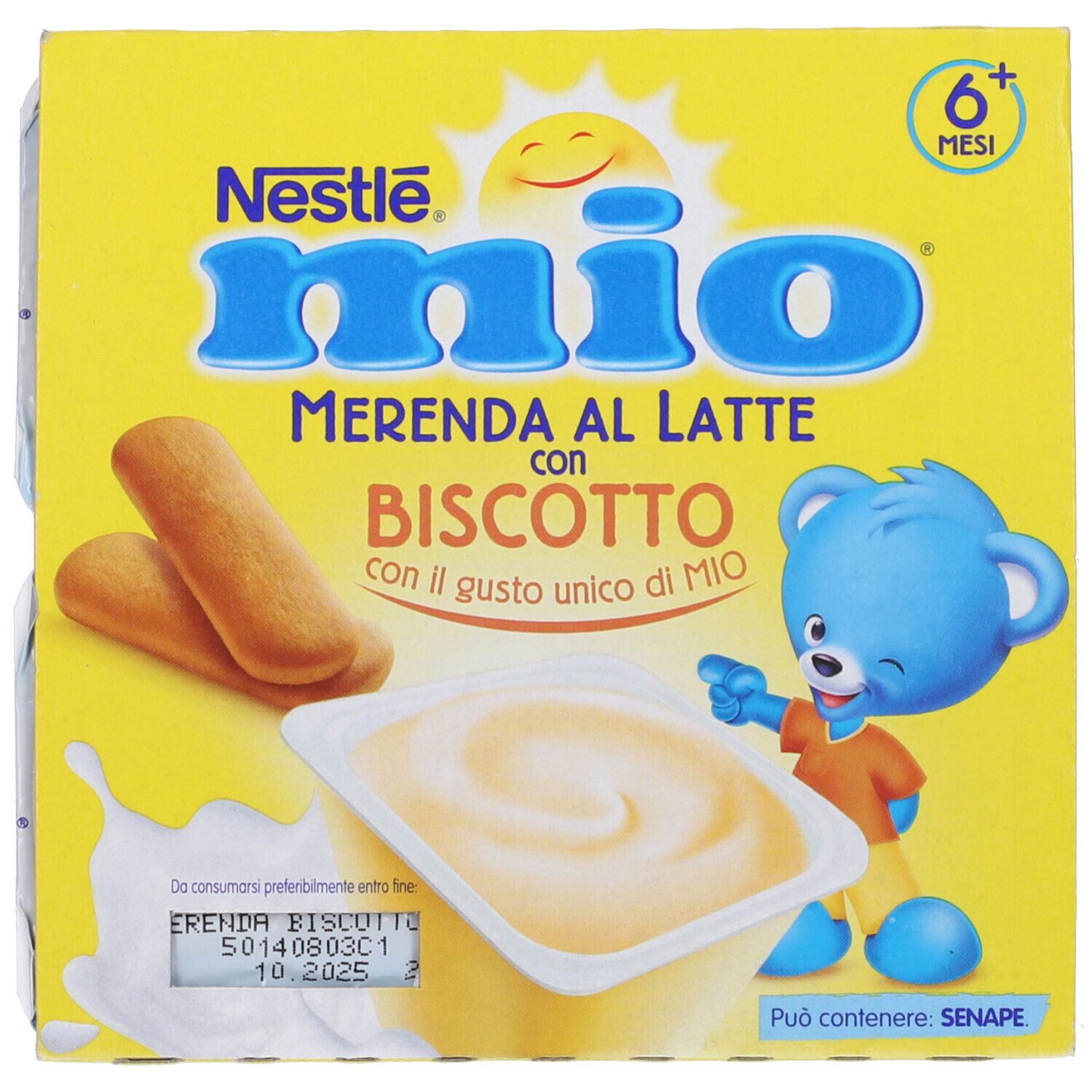 Confezione gialla "Nestlé mio" con Merenda Biscotto, biscotti, orsetto blu e data di scadenza.