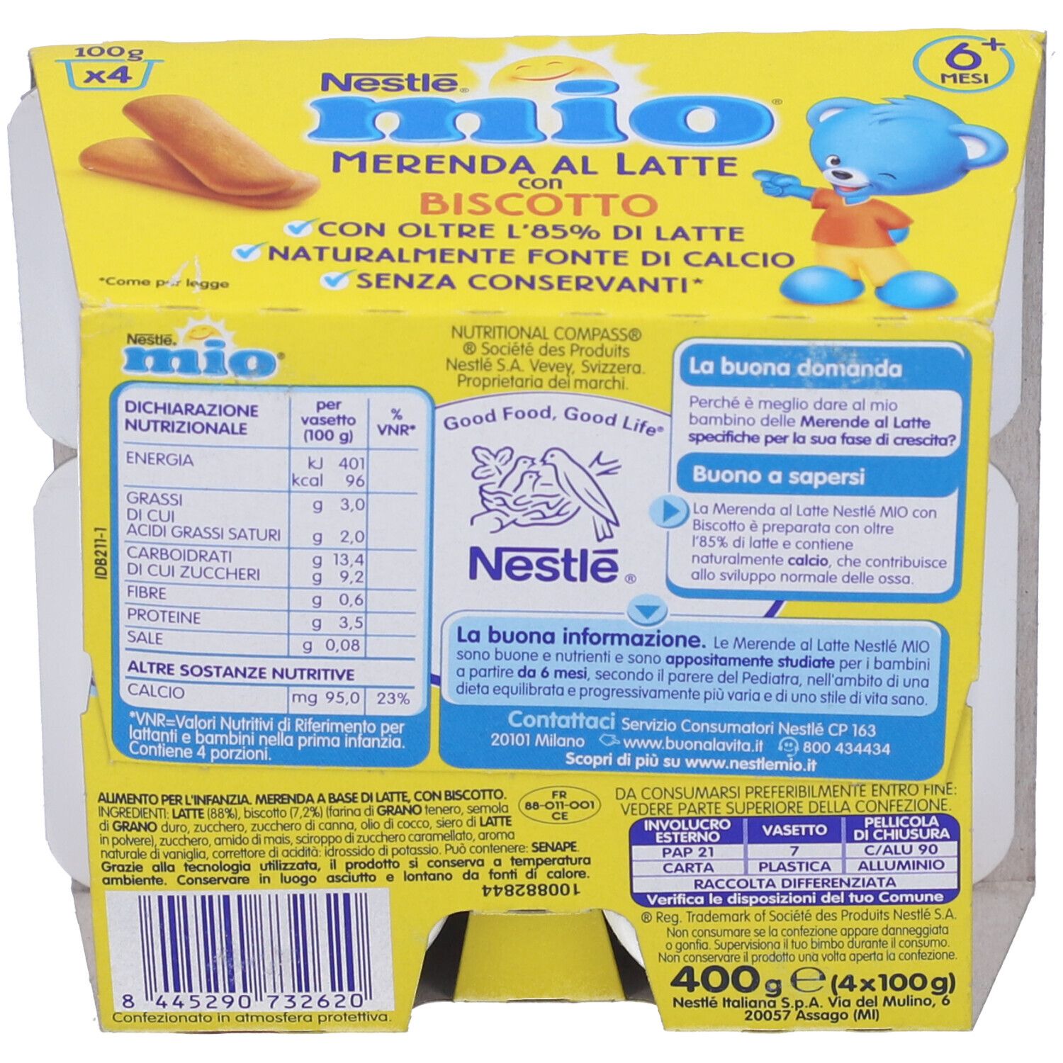 Retro confezione "Nestlé mio" con informazioni nutrizionali, testo e logo. 4 x 100g.