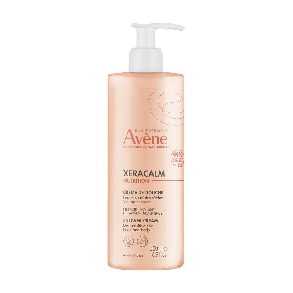 Crema doccia Avène Xeracalm Nutrition. Flacone con dosatore. Per pelli molto secche. 99% ingredienti di origine naturale.