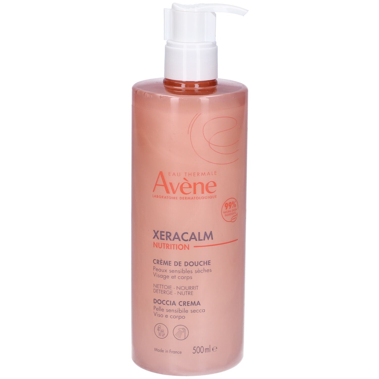 Crema doccia Avène Xeracalm Nutrition. Flacone con dosatore. Per pelli molto secche. 99% ingredienti di origine naturale.