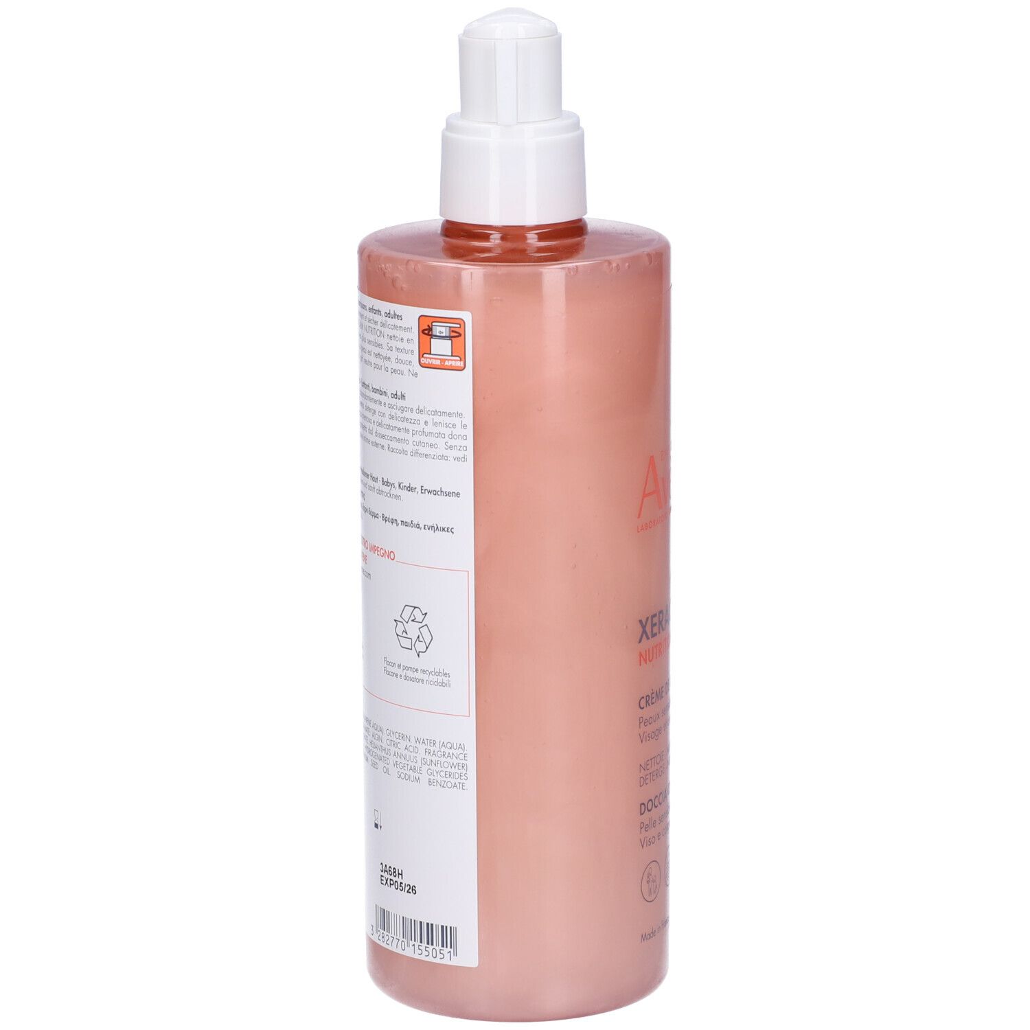Retro della crema doccia Avène Xeracalm Nutrition. Informazioni, ingredienti, logo riciclo e 99% ingredienti naturali.