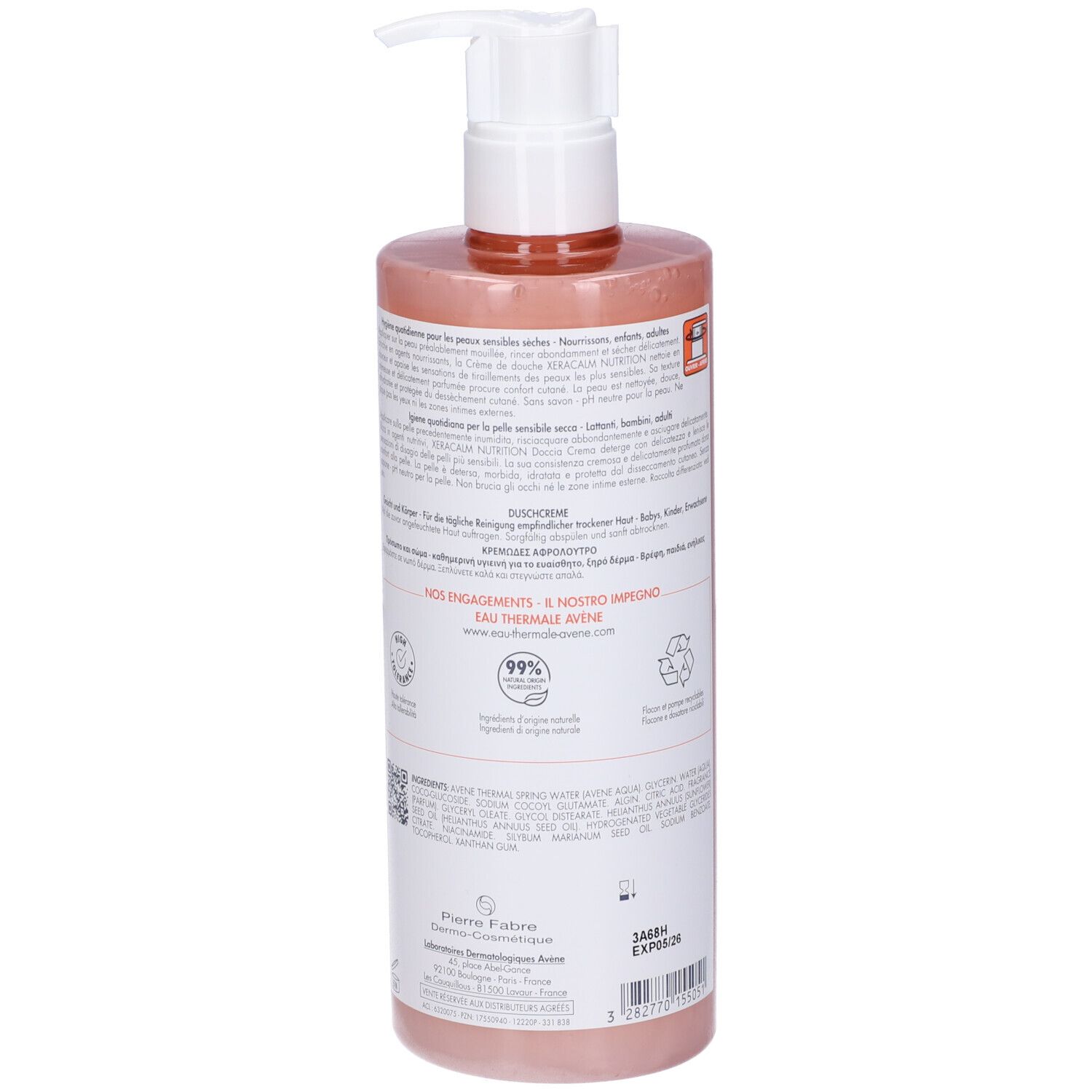 Retro della crema doccia Avène Xeracalm Nutrition. Informazioni, ingredienti, logo riciclo e 99% ingredienti naturali.
