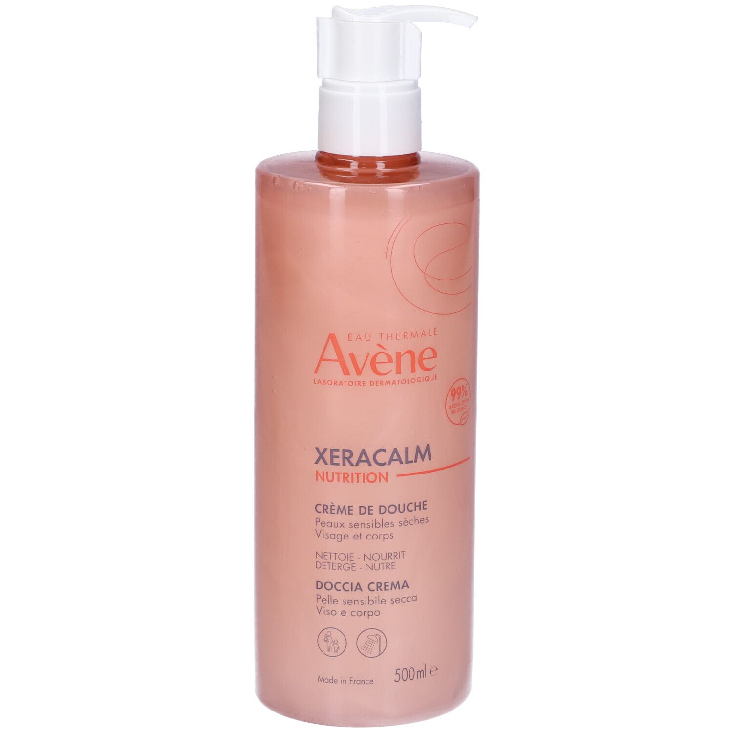Crema doccia Avène Xeracalm Nutrition. Flacone con dosatore. Per pelli molto secche. 99% ingredienti di origine naturale.