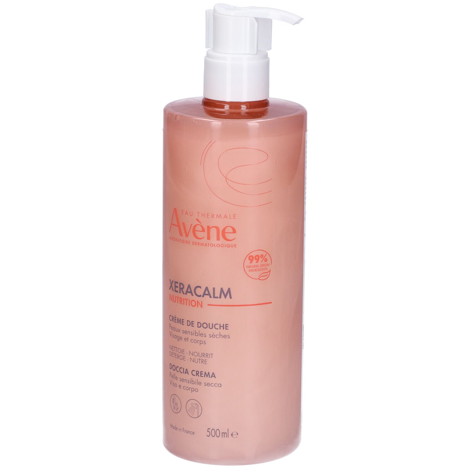 Crema doccia Avène Xeracalm Nutrition. Flacone con dosatore. Per pelli molto secche. 99% ingredienti di origine naturale.