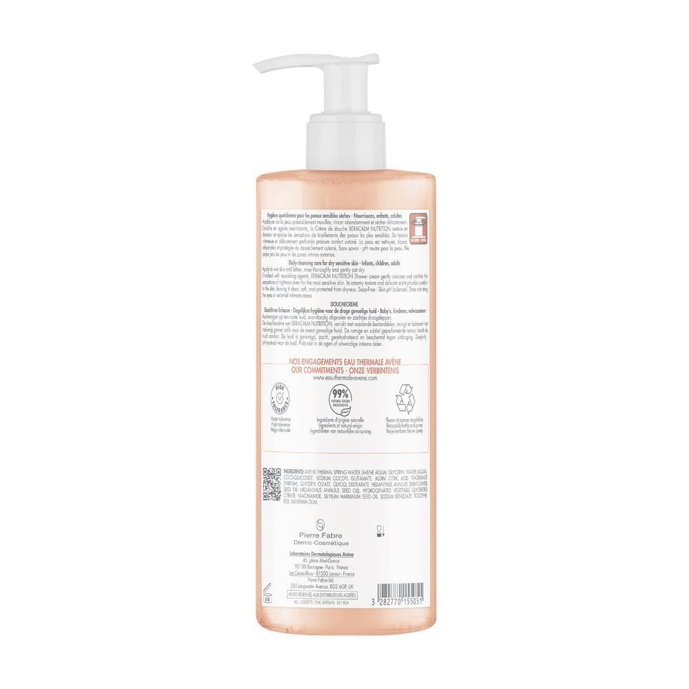 Retro della crema doccia Avène Xeracalm Nutrition. Informazioni, ingredienti, logo riciclo e 99% ingredienti naturali.
