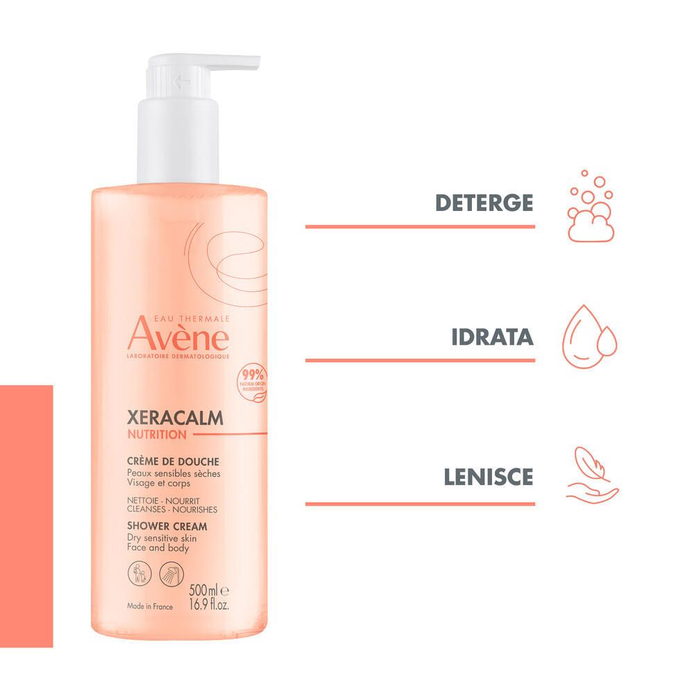 Crema doccia Avène Xeracalm Nutrition. Testo, icone e illustrazioni. Deterge, idrata e leviga.