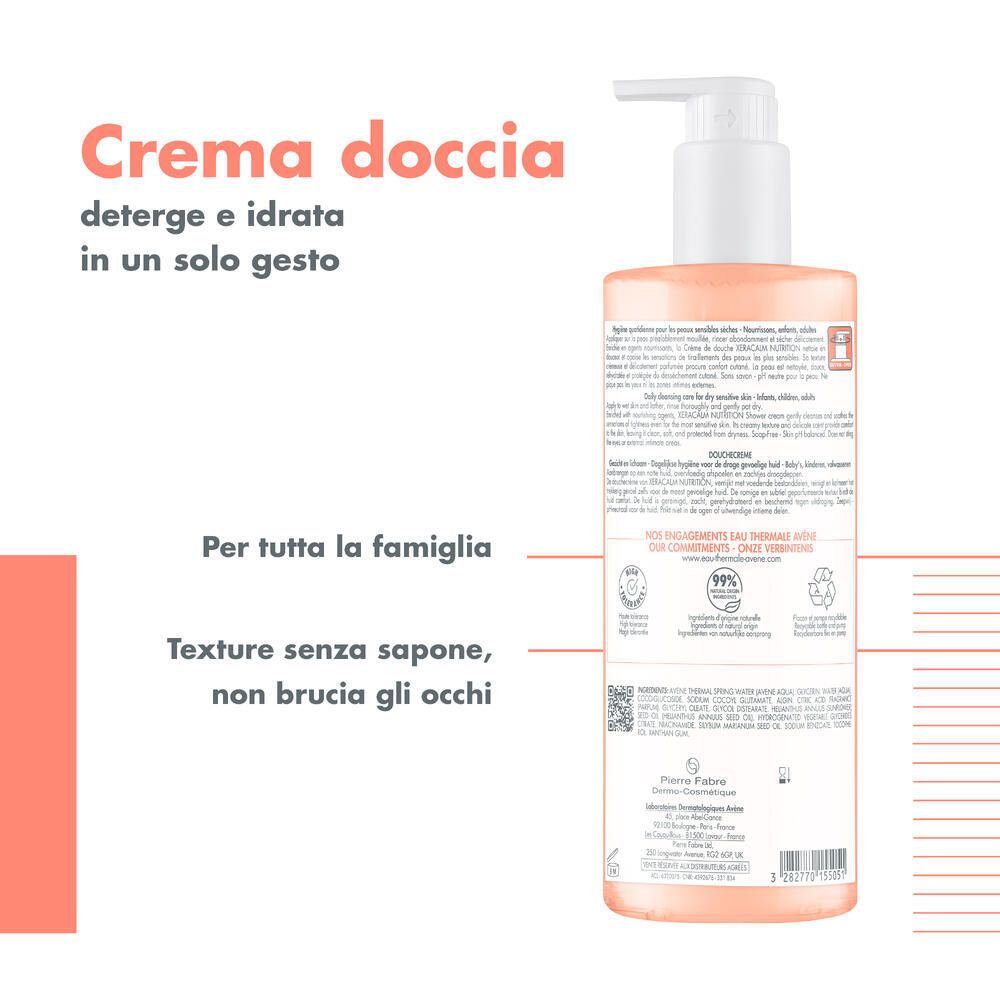 Retro della crema doccia Avène Xeracalm Nutrition. Informazioni, ingredienti, logo riciclo e 99% ingredienti naturali.