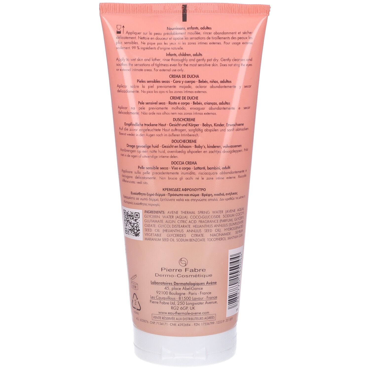 Retro del tubo. Testo multilingue. Produttore: Pierre Fabre. Ingredienti e codice QR.