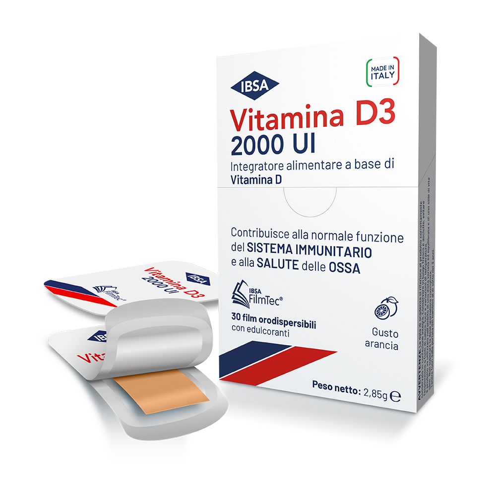 Confezione di Vitamina D3 IBSA 2000 UI, 30 film orodispersibili. Aroma arancia. Contiene vitamina D.