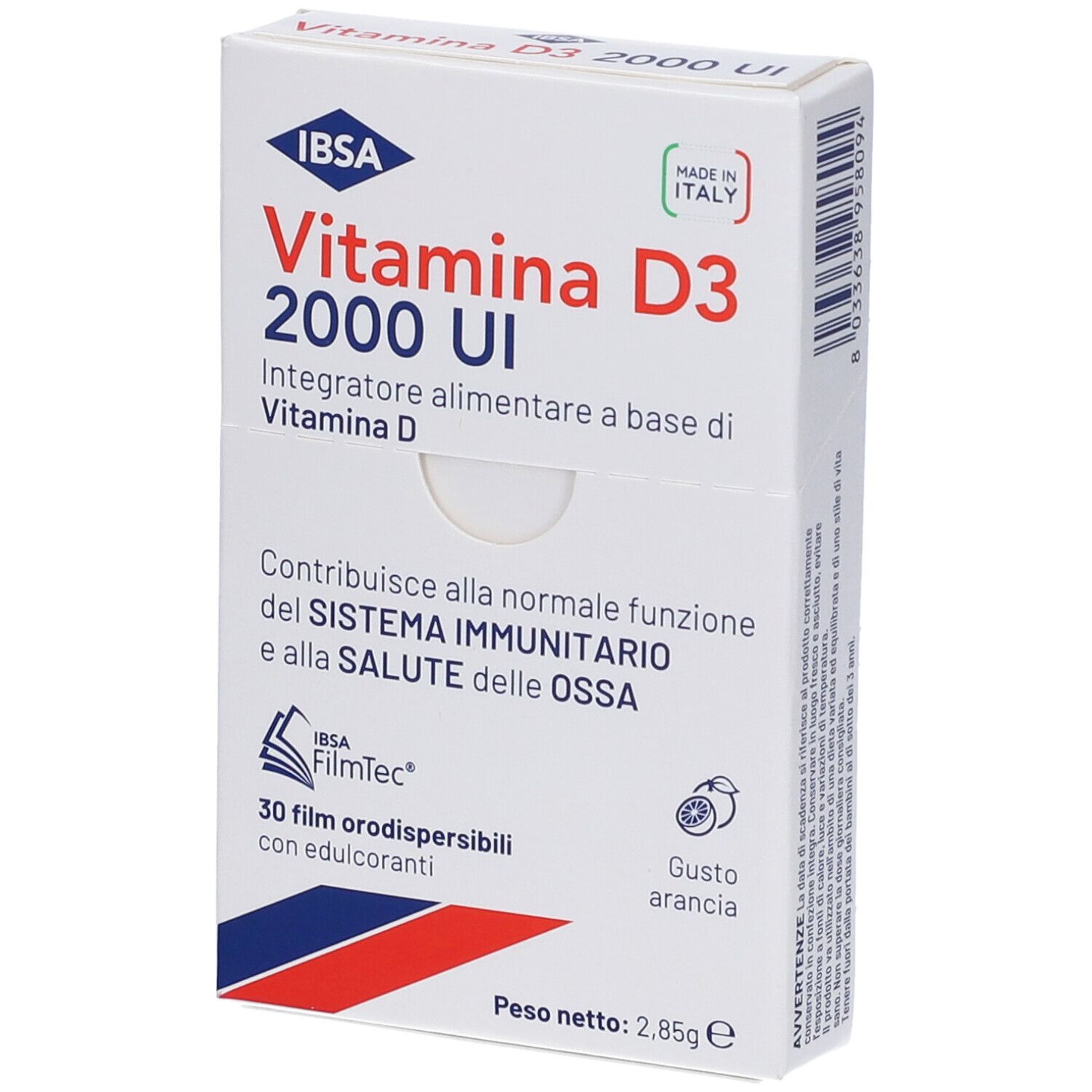 Confezione di Vitamina D3 IBSA 2000 UI. 30 film. Gusto arancia. Marchio IBSA. Prodotto in Italia.