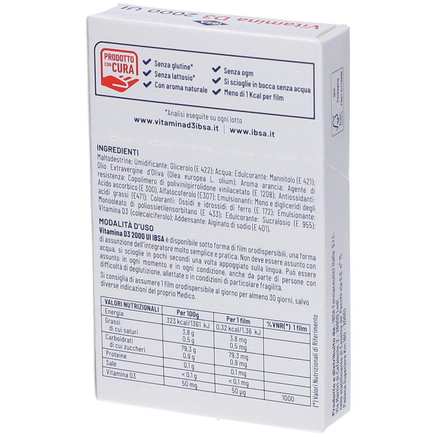 Retro della confezione di Vitamina D3 IBSA. Ingredienti, modalità d'uso, tabella nutrizionale. Marchio IBSA.