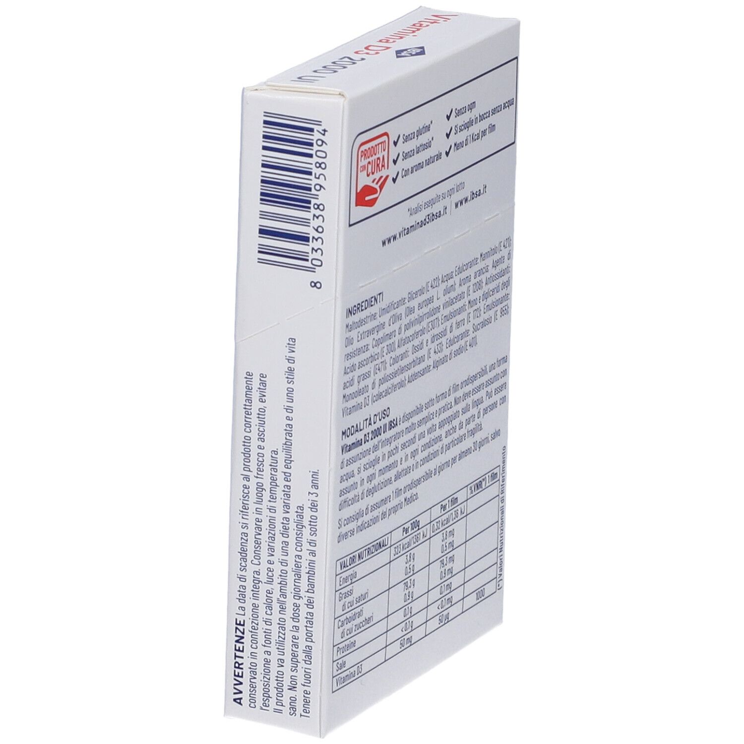 Lato della confezione di Vitamina D3 IBSA. Avvertenze, scadenza, ingredienti. Marchio IBSA.