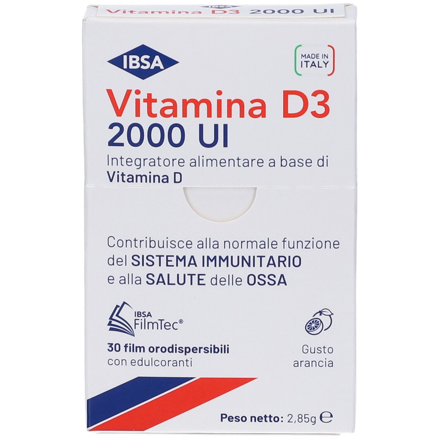 Confezione di Vitamina D3 IBSA 2000 UI. 30 film. Gusto arancia. Marchio IBSA. Prodotto in Italia.