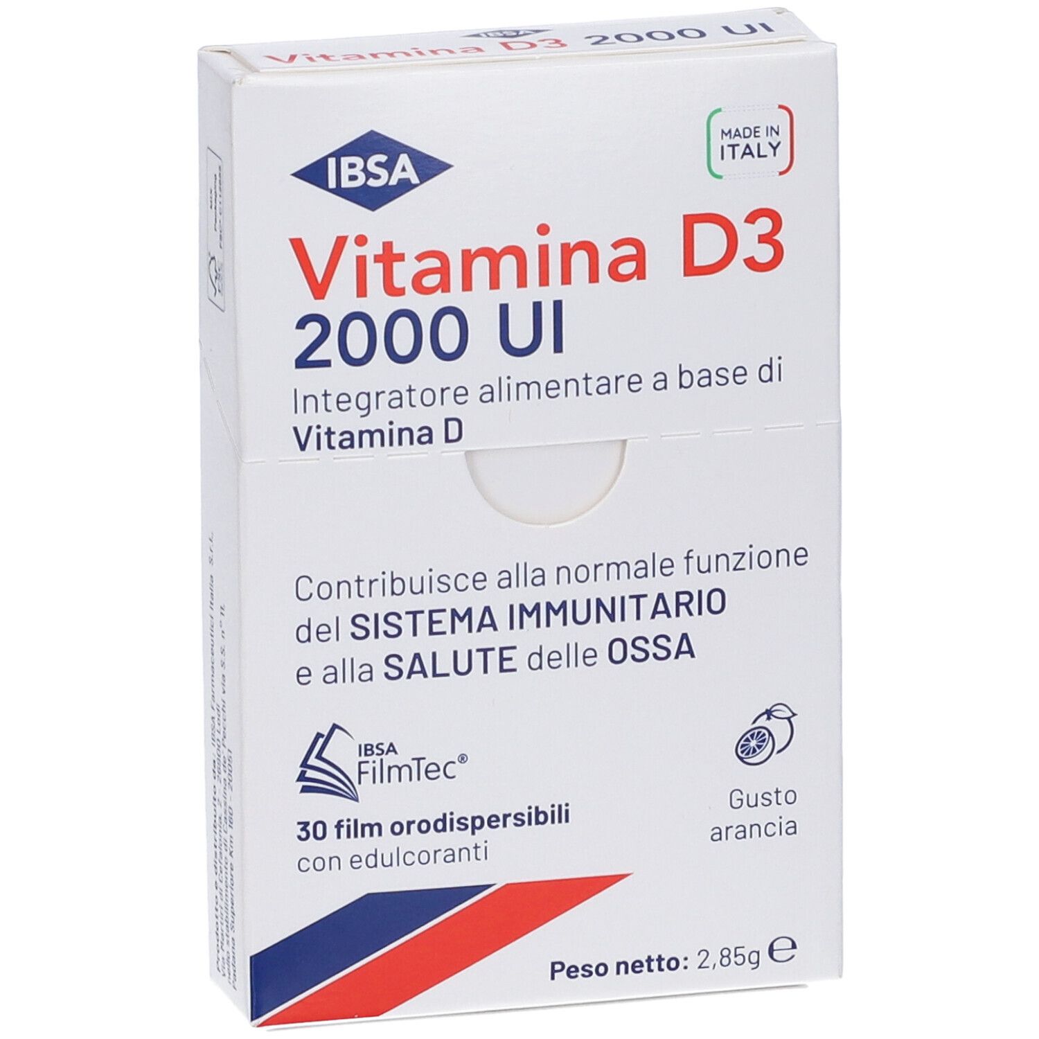 Confezione di Vitamina D3 IBSA 2000 UI. 30 film. Gusto arancia. Marchio IBSA. Prodotto in Italia.