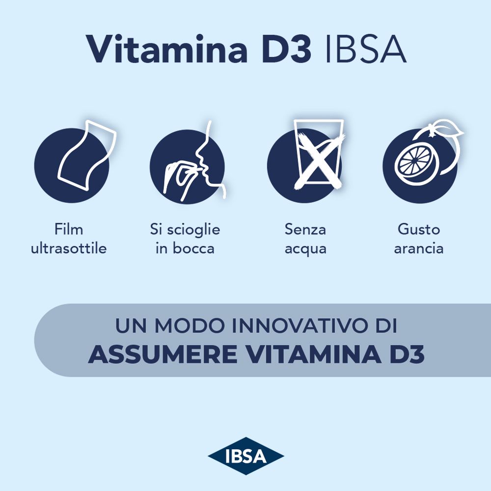Grafica con icone: film ultrasottile, si scioglie in bocca, senza acqua, gusto arancia. Marchio IBSA.