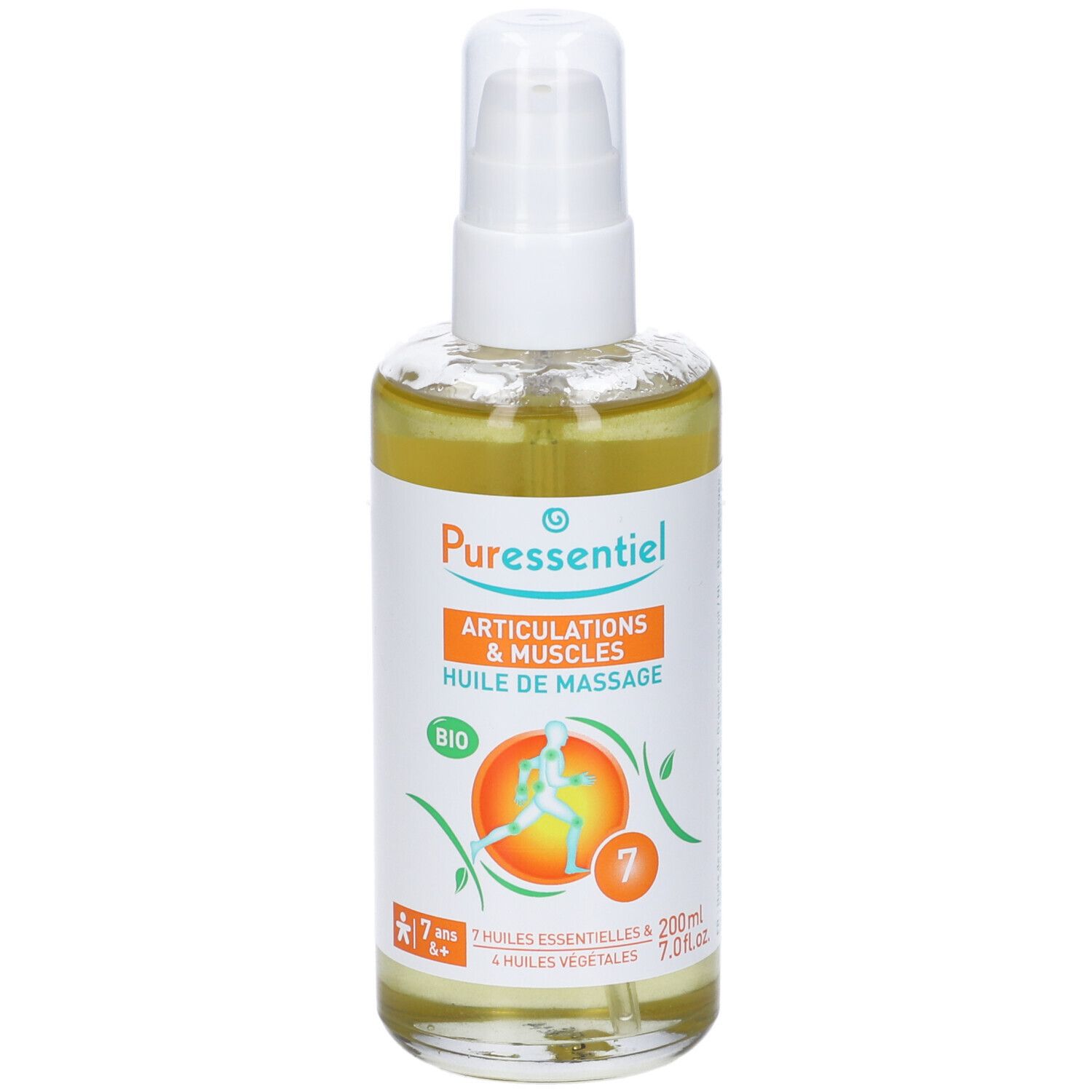 Flacone in vetro di olio per massaggio Puressentiel. Scritta: Articolazioni & Muscoli, Huile de massage, Bio.
