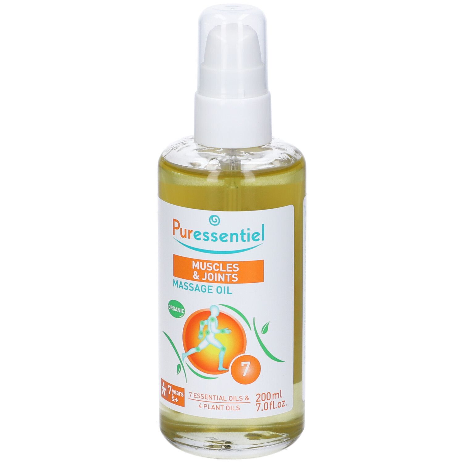 Flacone in vetro di olio per massaggio Puressentiel. Scritta: Muscles & Joints, Massage Oil.