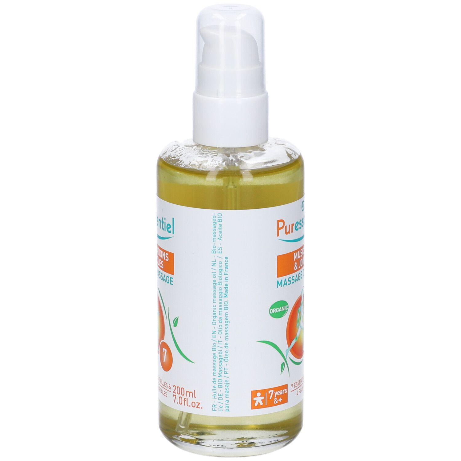 Flacone in vetro di olio per massaggio Puressentiel. Scritta: Muscles & Joints, Massage Oil.