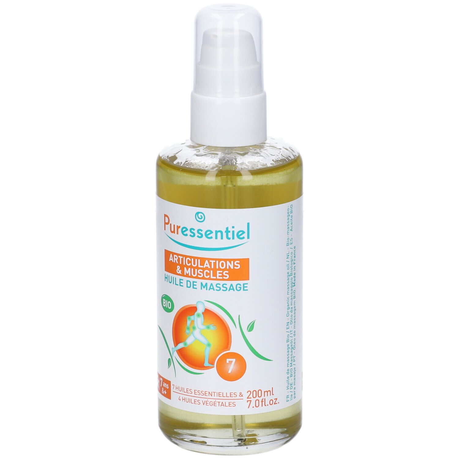 Flacone in vetro di olio per massaggio Puressentiel. Scritta: Articolazioni & Muscoli, Huile de massage, Bio.