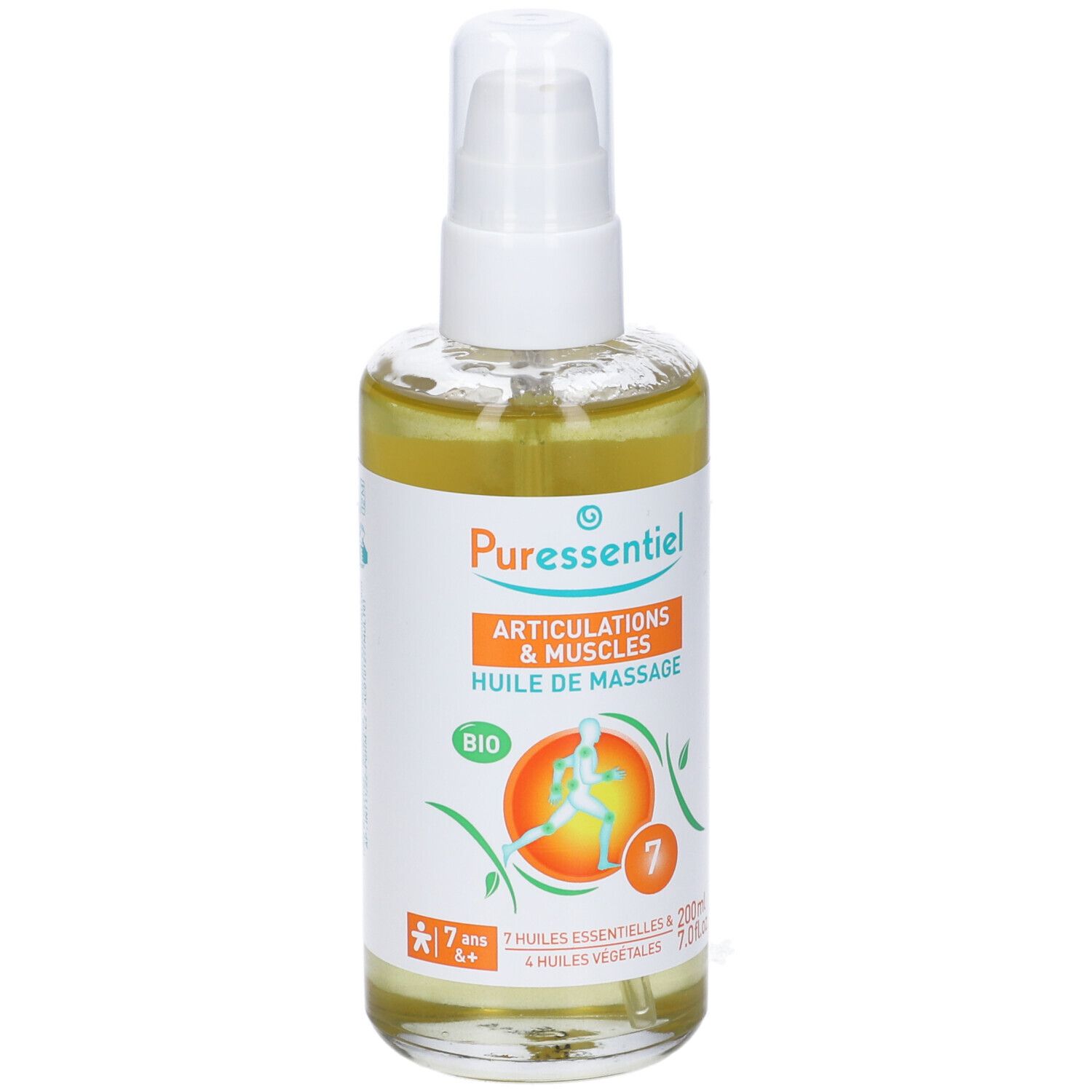 Flacone in vetro di olio per massaggio Puressentiel. Scritta: Articolazioni & Muscoli, Huile de massage, Bio.