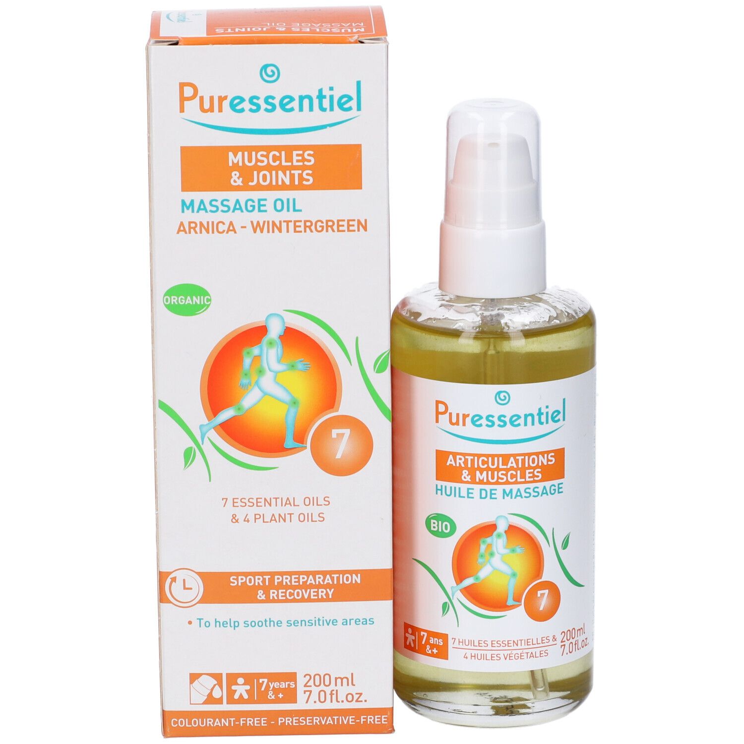 Flacone di olio per massaggio e scatola. Scritta: Puressentiel, Muscles & Joints, Massage Oil, Arnica-Wintergreen.