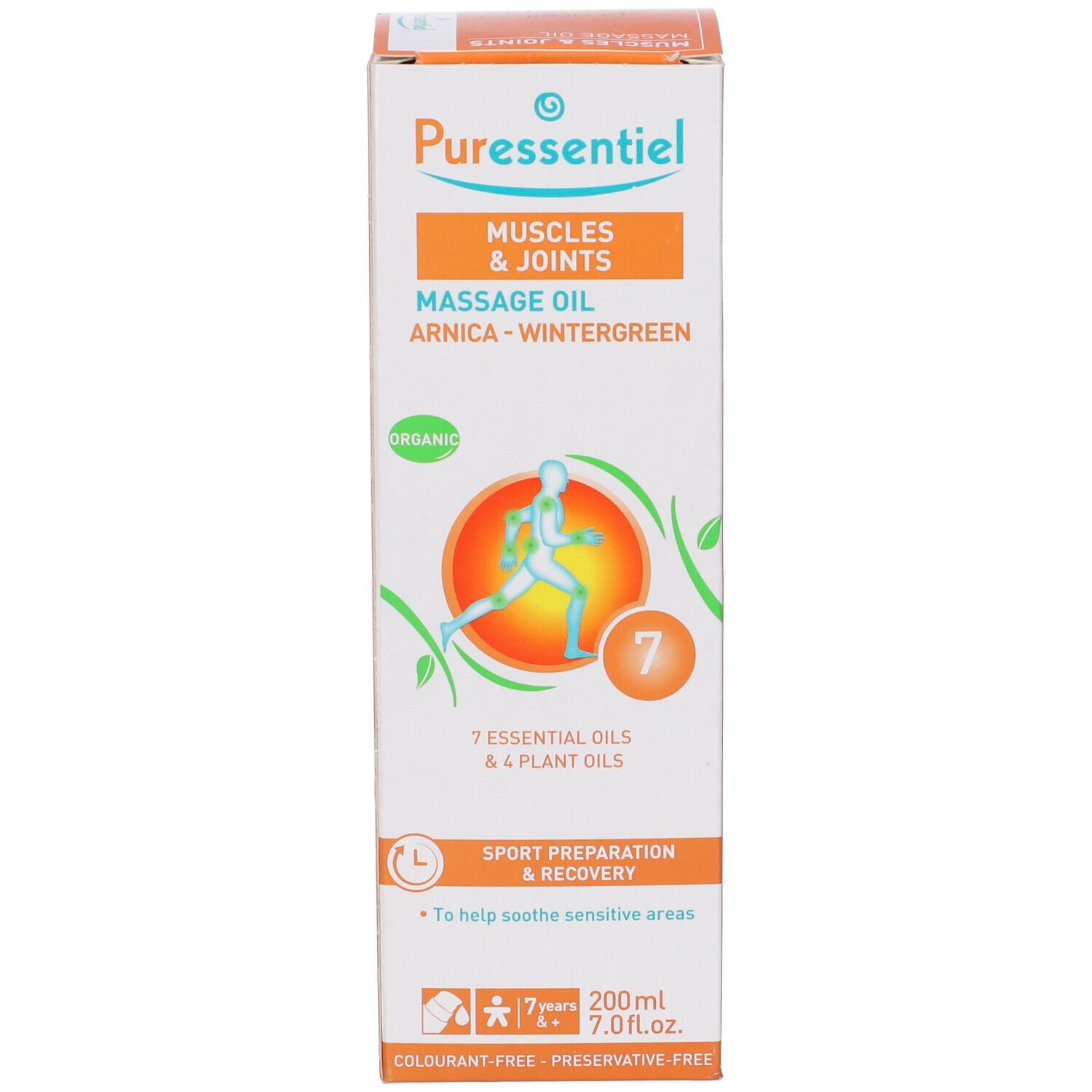 Scatola di olio per massaggio. Scritta: Puressentiel, Muscles & Joints, Massage Oil, Arnica-Wintergreen.