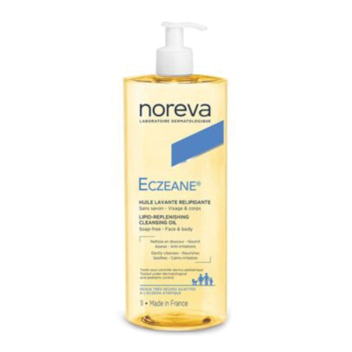 Flacone di Noreva Eczeane® Olio Detergente Relipidante con dosatore. Liquido giallo. Scritte e logo visibili.