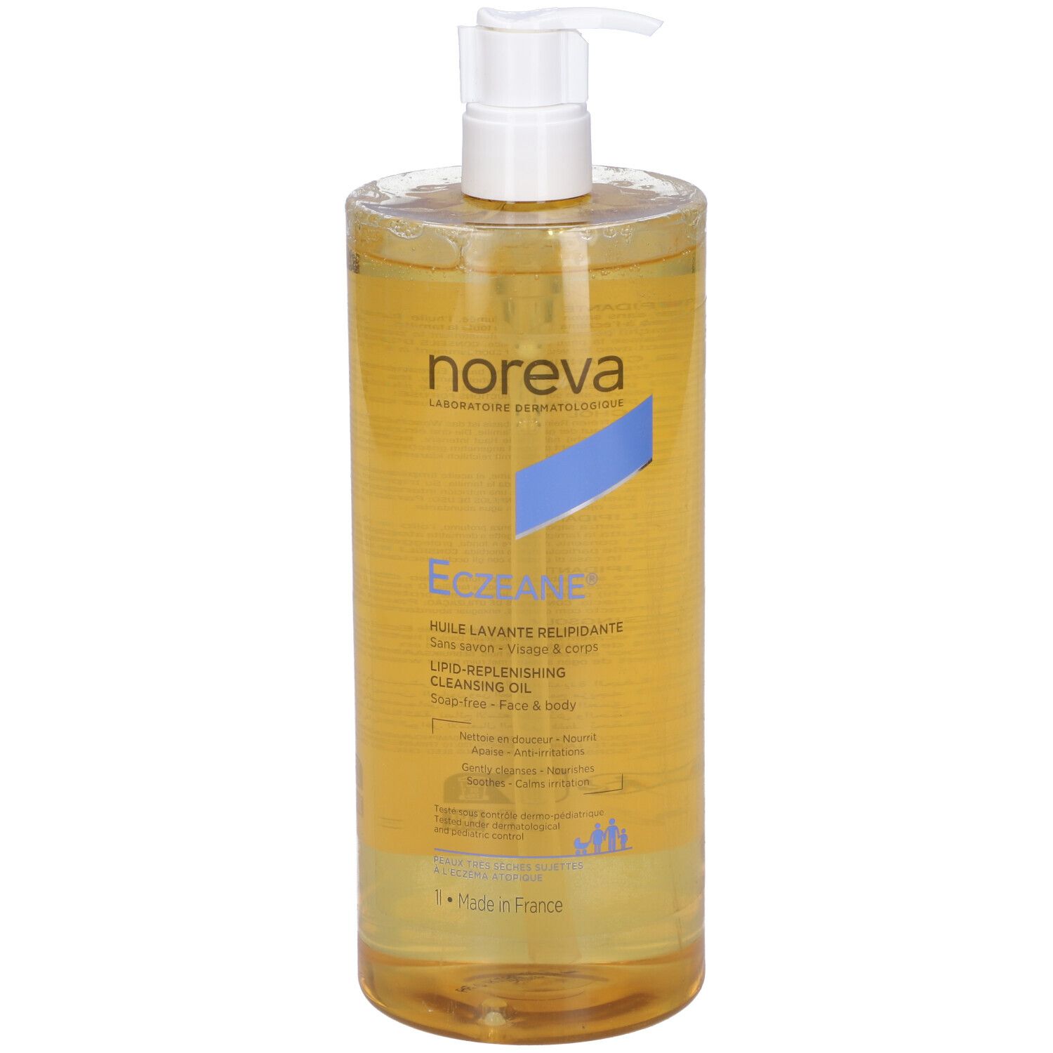 Flacone alto di Noreva Eczeane® Olio Detergente Relipidante con dosatore. Liquido giallo. Scritte visibili.