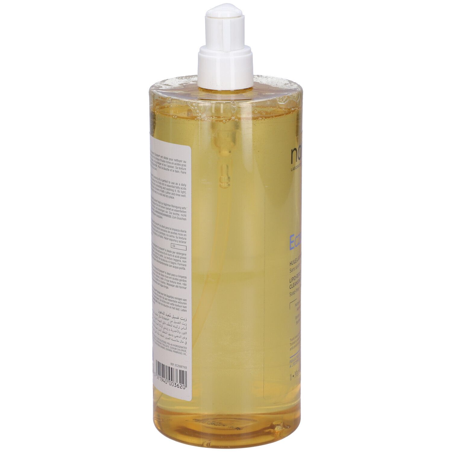 Flacone alto di Noreva Eczeane® Olio Detergente Relipidante con dosatore. Liquido giallo. Retro con testo.
