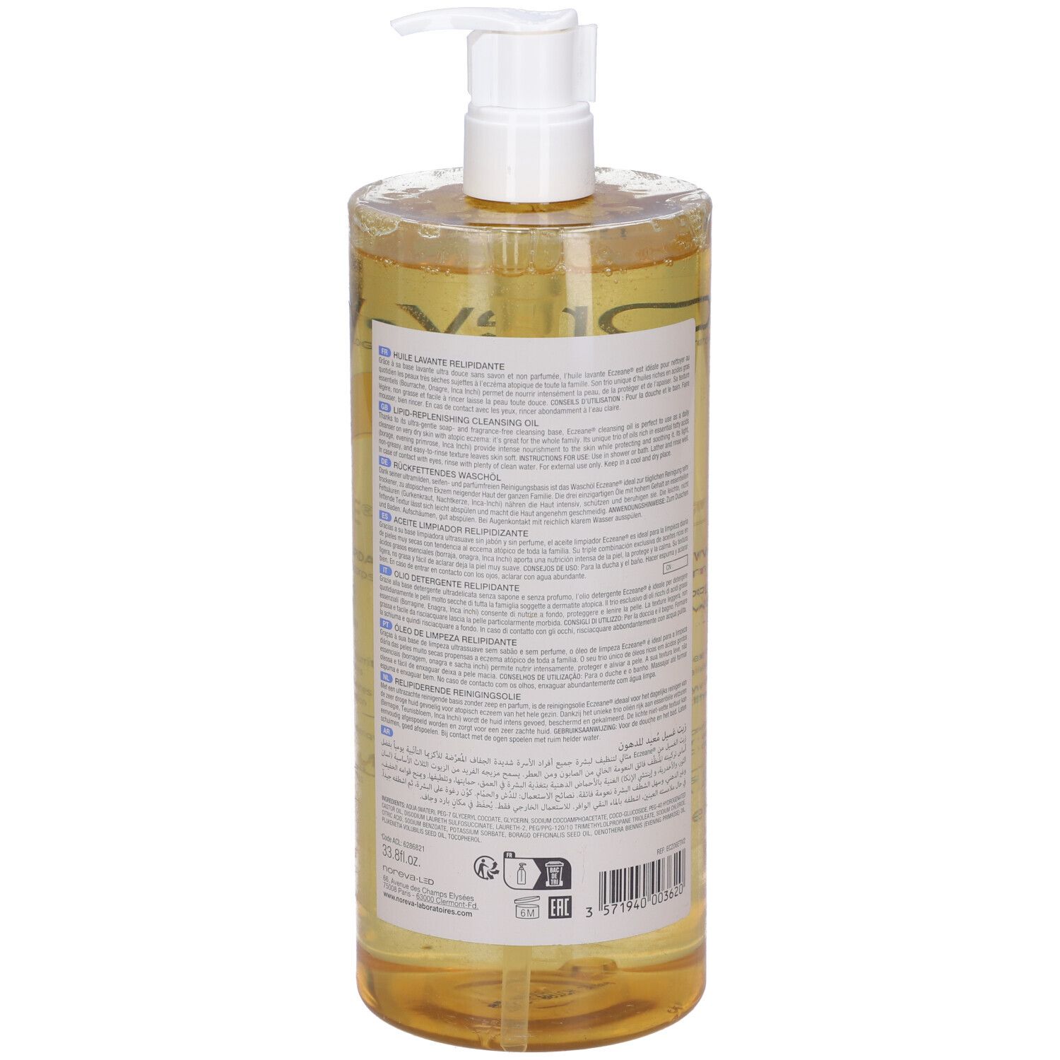 Flacone alto di Noreva Eczeane® Olio Detergente Relipidante con dosatore. Liquido giallo. Retro con testo.