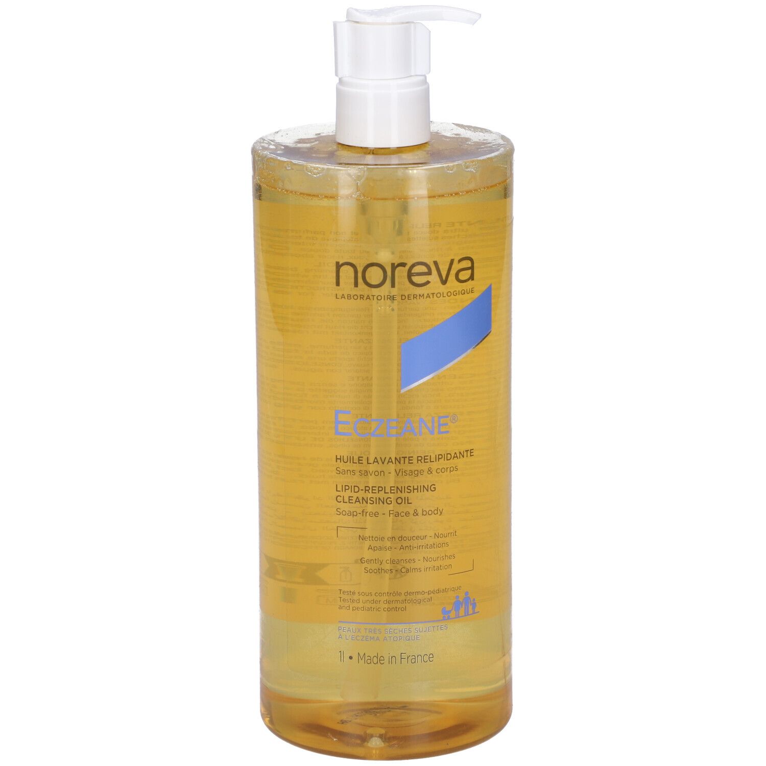 Flacone alto di Noreva Eczeane® Olio Detergente Relipidante con dosatore. Liquido giallo. Scritte visibili.
