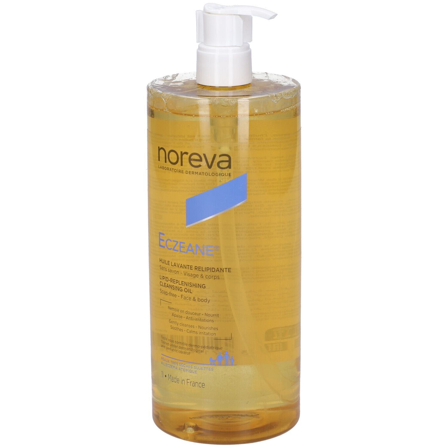 Flacone alto di Noreva Eczeane® Olio Detergente Relipidante con dosatore. Liquido giallo. Scritte visibili.