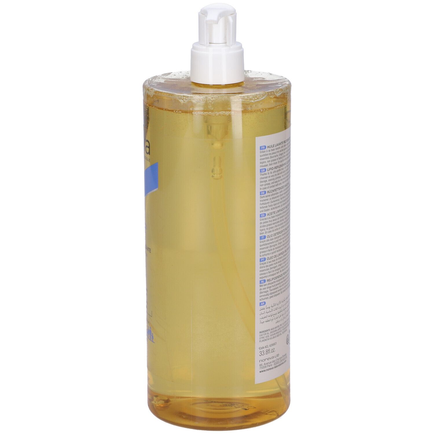 Flacone alto di Noreva Eczeane® Olio Detergente Relipidante con dosatore. Liquido giallo. Retro con testo.