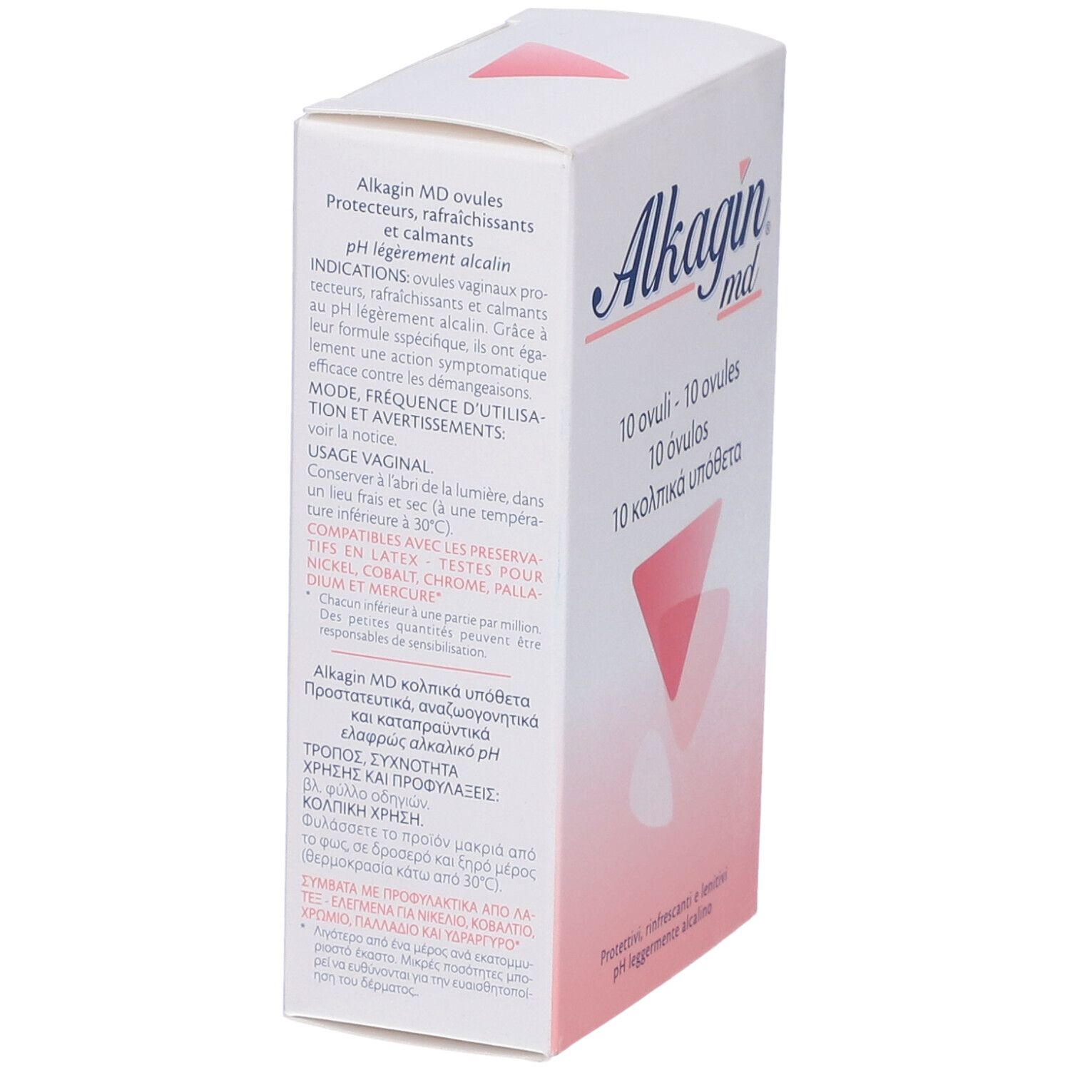 Weiße Schachtel 'Alkagin md'. Text in mehreren Sprachen. Rosa Dreieck-Design. Seitenansicht mit Text.