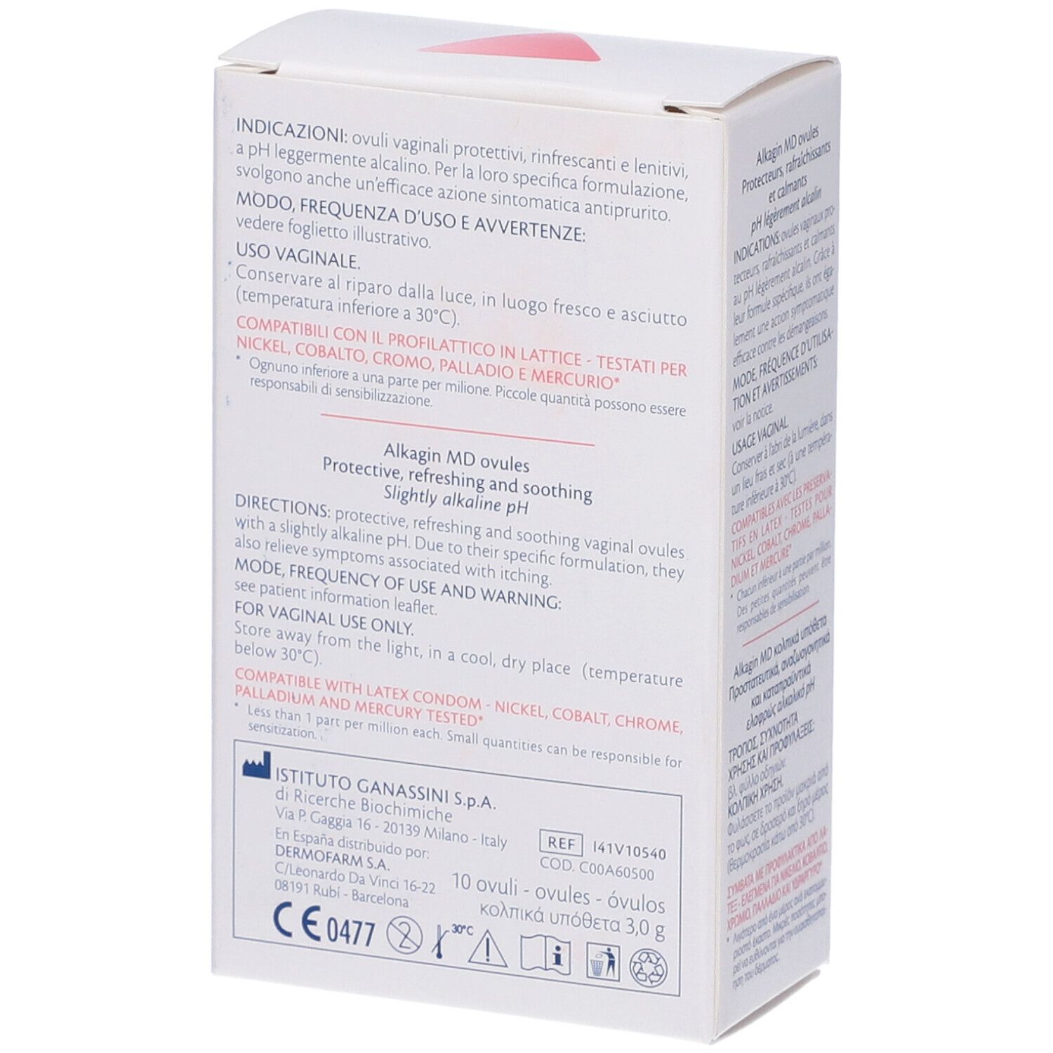 Rückseite der 'Alkagin md' Schachtel. Text in mehreren Sprachen. Informationen zu Inhaltsstoffen und Gebrauch.