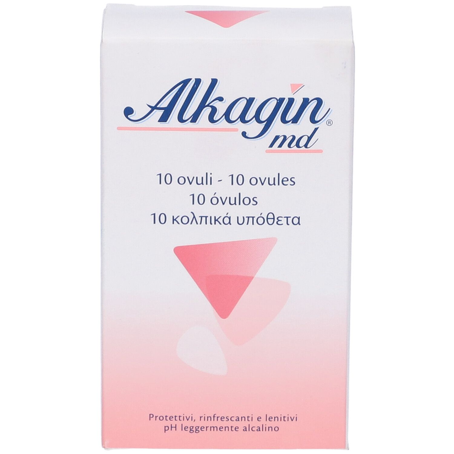 Weiße Schachtel 'Alkagin md' mit 10 Ovuli. Rosa Dreieck-Design. Text in mehreren Sprachen.