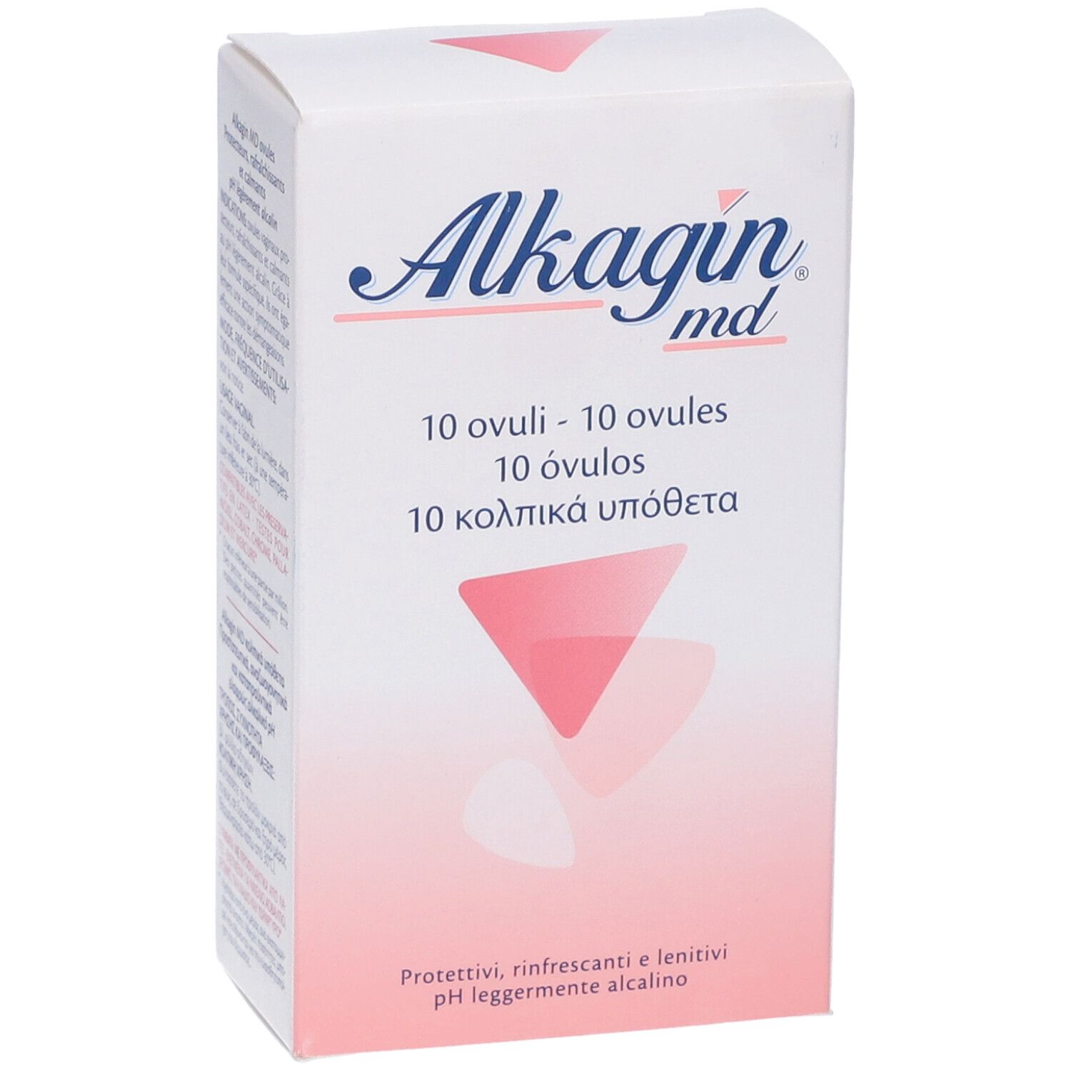 Weiße Schachtel 'Alkagin md' mit 10 Ovuli. Rosa Dreieck-Design. Text in mehreren Sprachen.