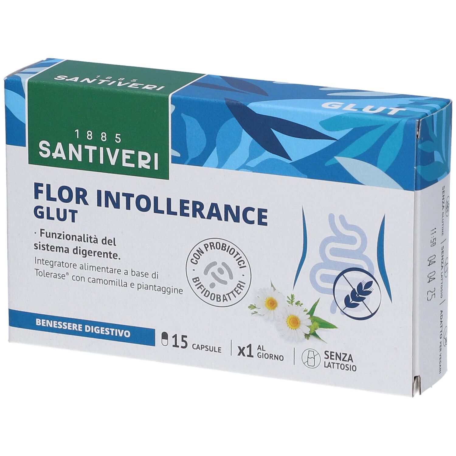 Scatola di capsule 'Flor Intollerance Glut'. 15 capsule, 'Senza Lattosio'. Marca: Santiveri.