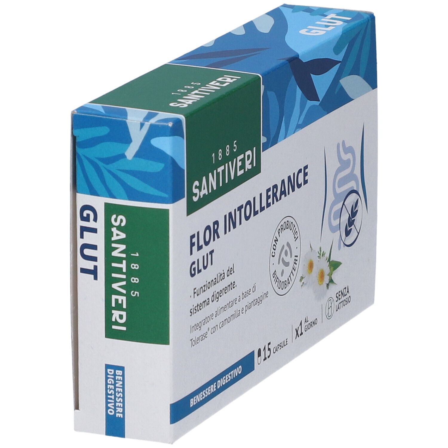 Scatola 'Flor Intollerance Glut'. Marca Santiveri. 15 capsule. 'Senza Lattosio'. Confezione blu e verde.