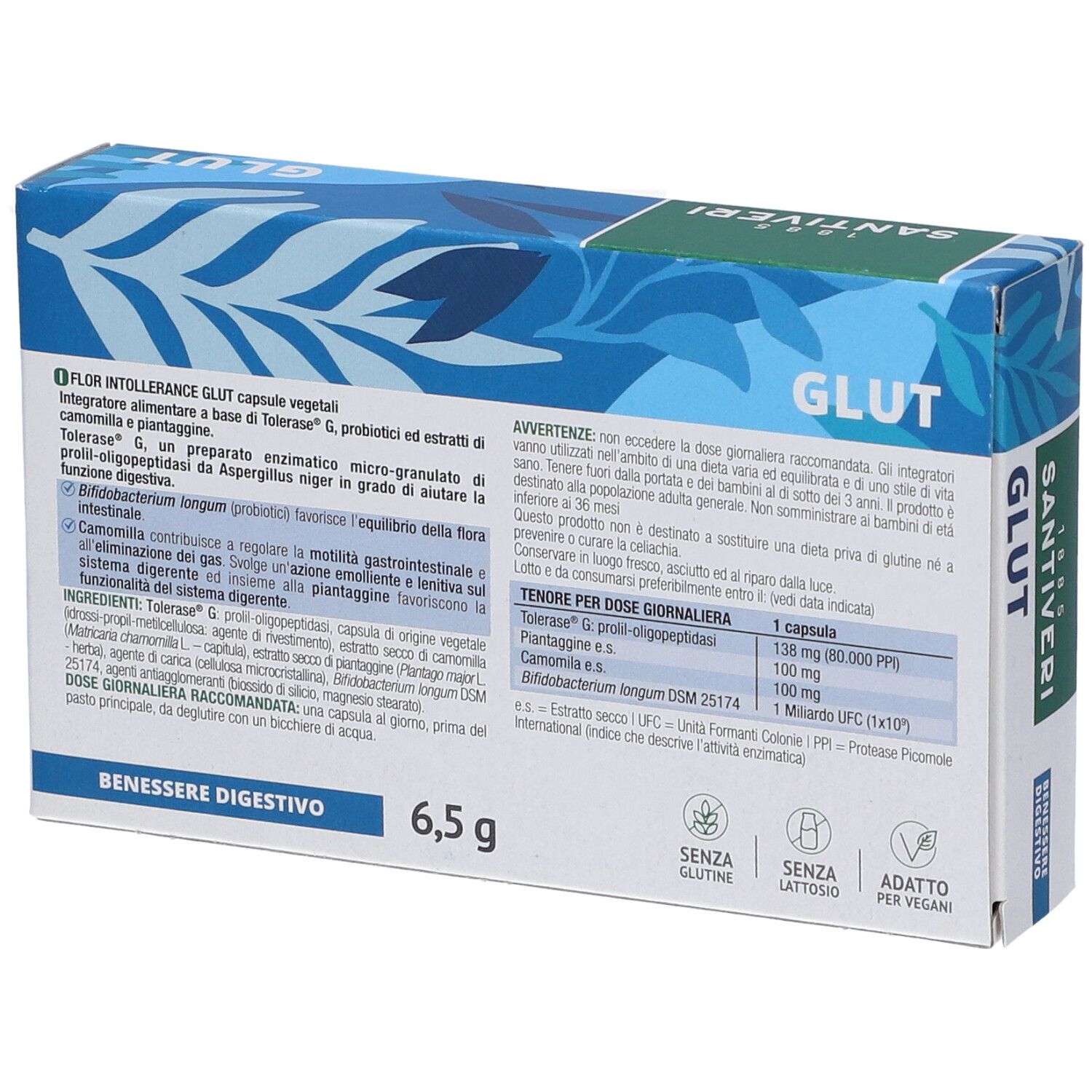 Retro della scatola 'Flor Intollerance Glut'. Testo su ingredienti e uso. 'Senza Glutine'.