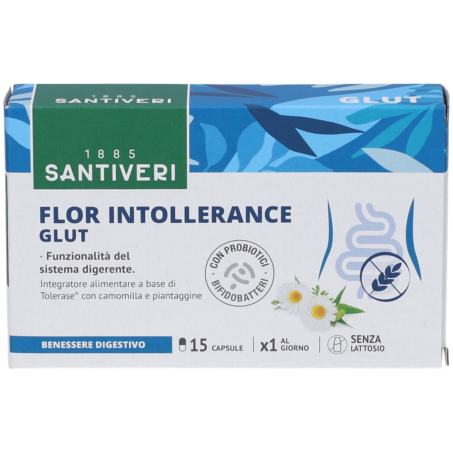 Scatola di capsule 'Flor Intollerance Glut'. 15 capsule, 'Senza Lattosio'. Marca: Santiveri.