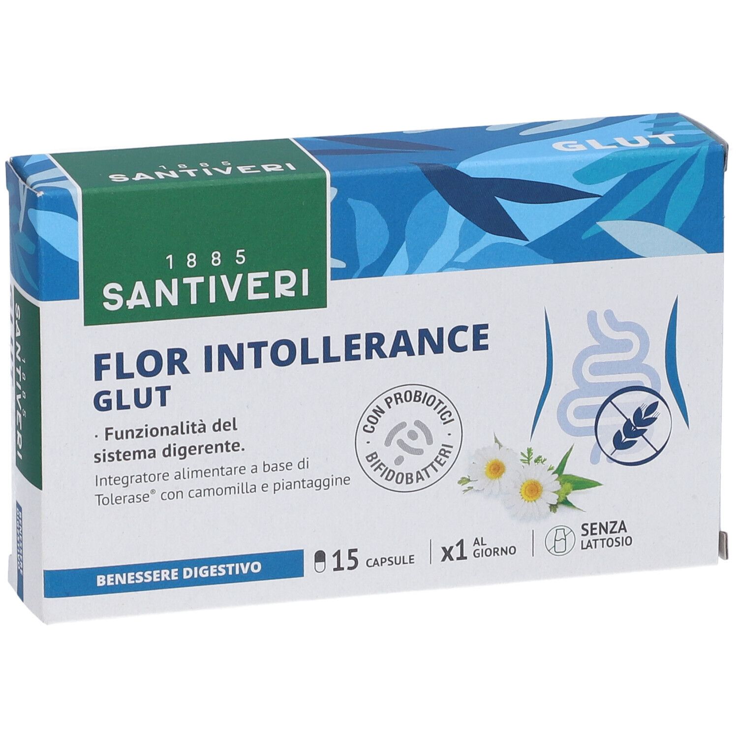 Scatola di capsule 'Flor Intollerance Glut'. 15 capsule, 'Senza Lattosio'. Marca: Santiveri.