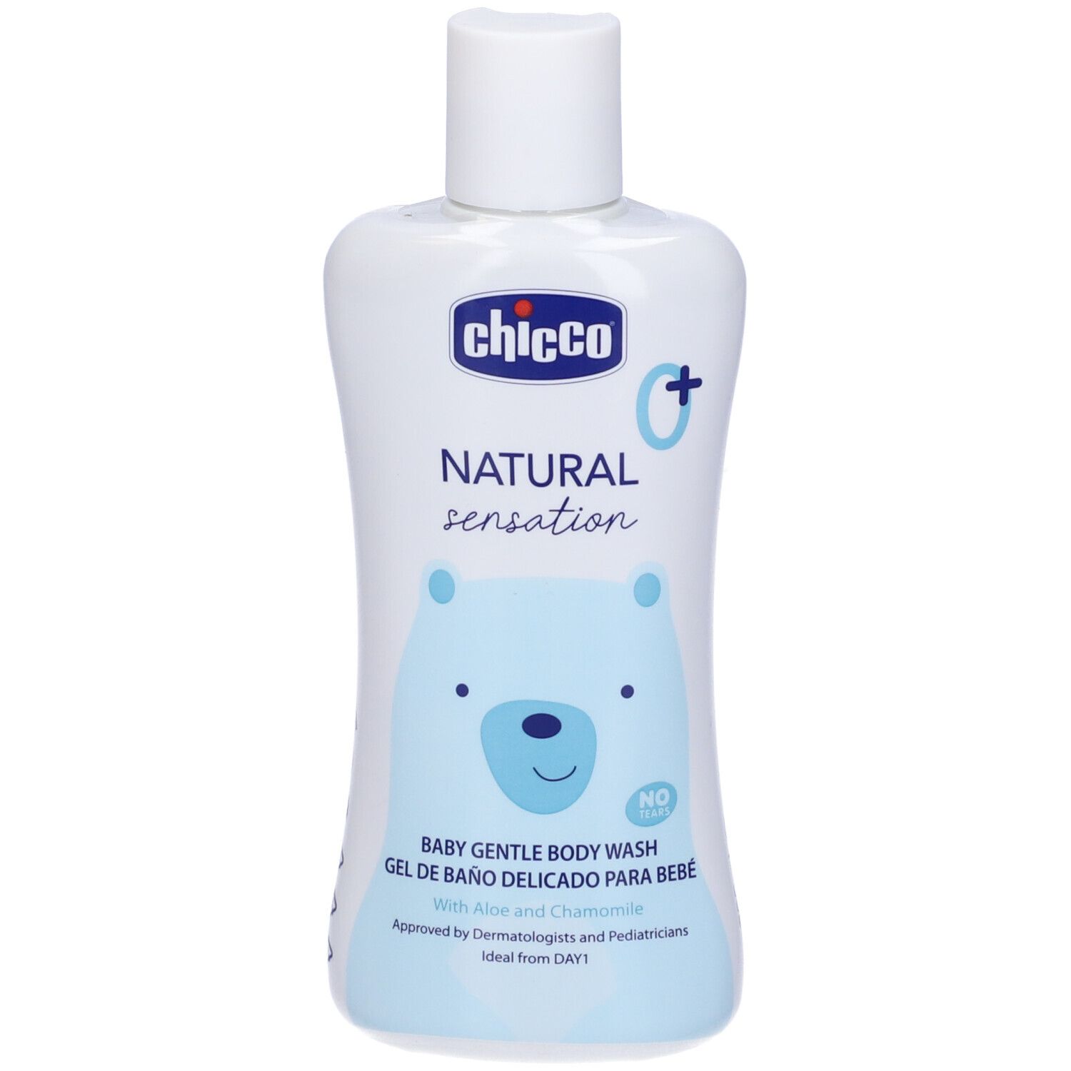 Flacone bianco con etichetta blu. Scritta: Chicco, Natural Sensation, Baby Gentle Body Wash. Con camomilla e aloe.