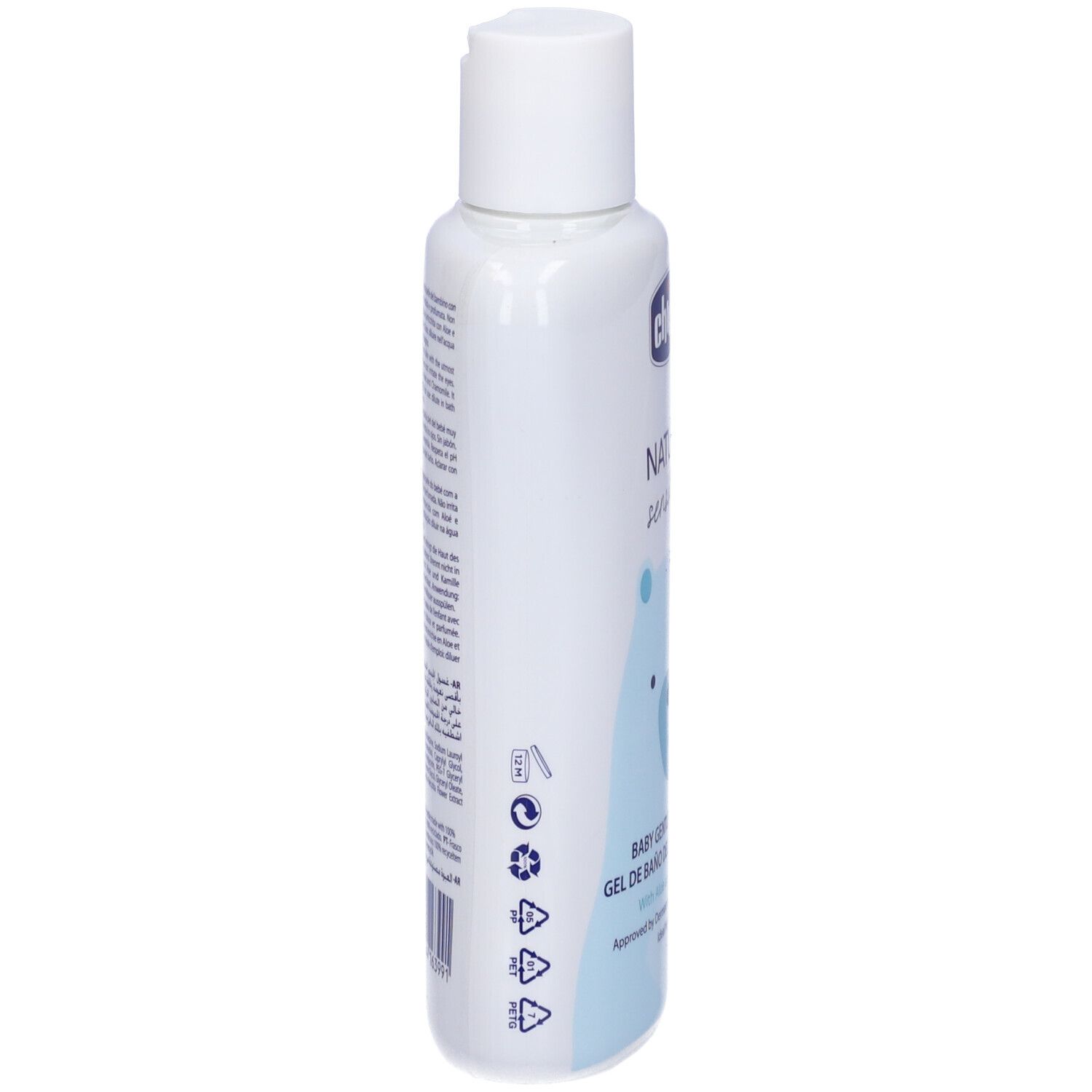 Flacone bianco, vista laterale. Testo e simboli. Scritta: Chicco, Natural Sensation, Baby Gentle Body Wash. Con camomilla e aloe.
