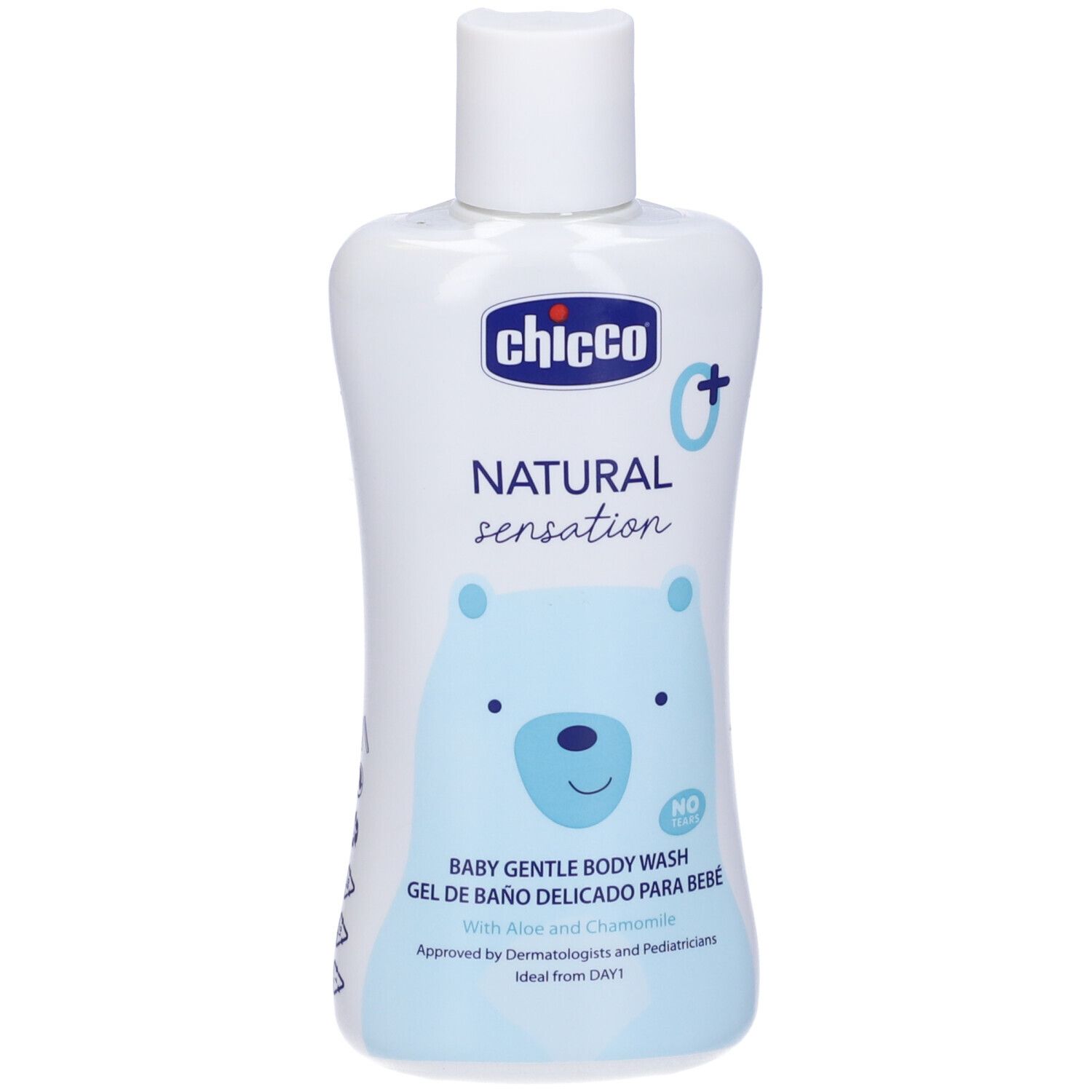 Flacone bianco con etichetta blu. Scritta: Chicco, Natural Sensation, Baby Gentle Body Wash. Con camomilla e aloe. Ideale dal 1° giorno.