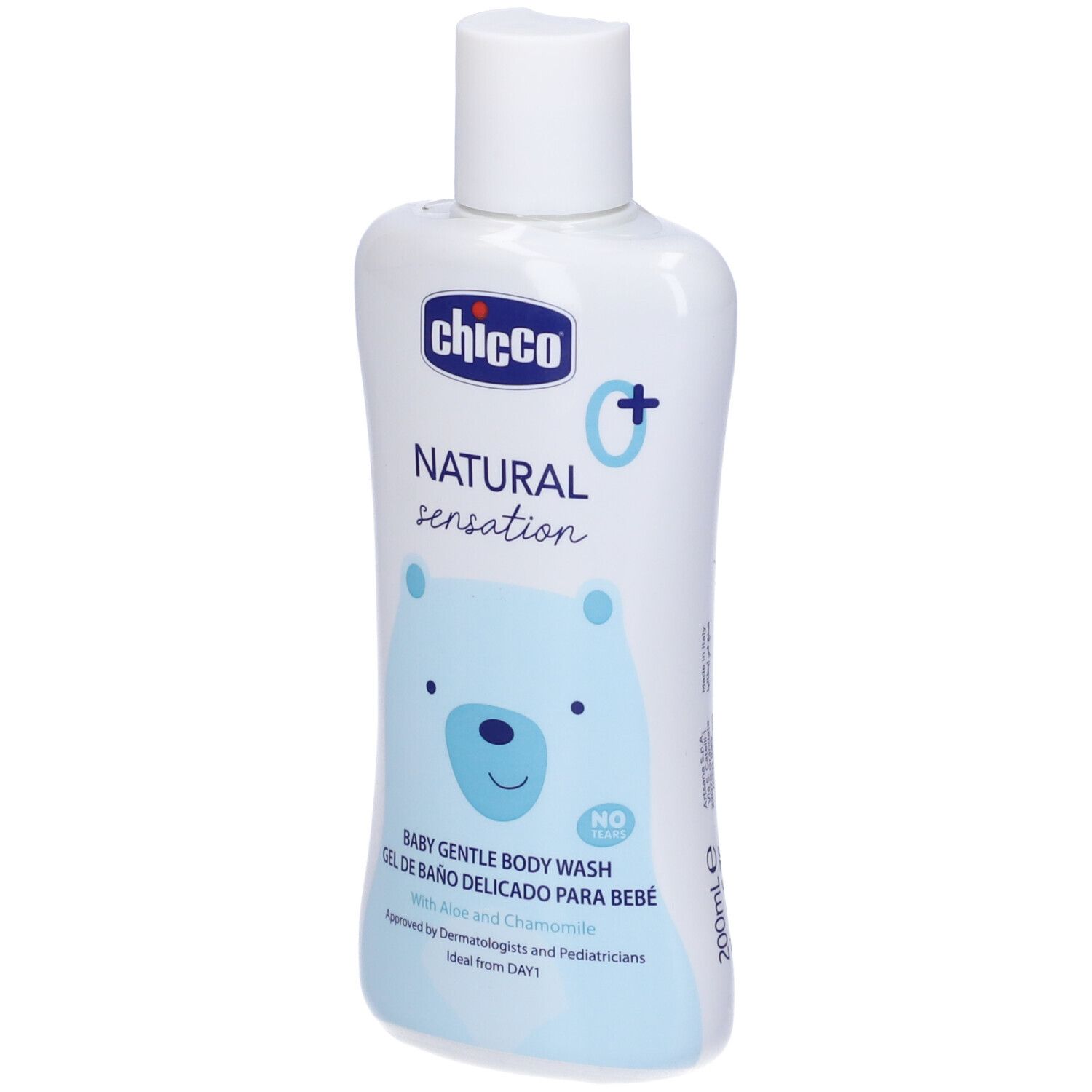 Flacone bianco con etichetta blu. Scritta: Chicco, Natural Sensation, Baby Gentle Body Wash. Con camomilla e aloe. 200ml.