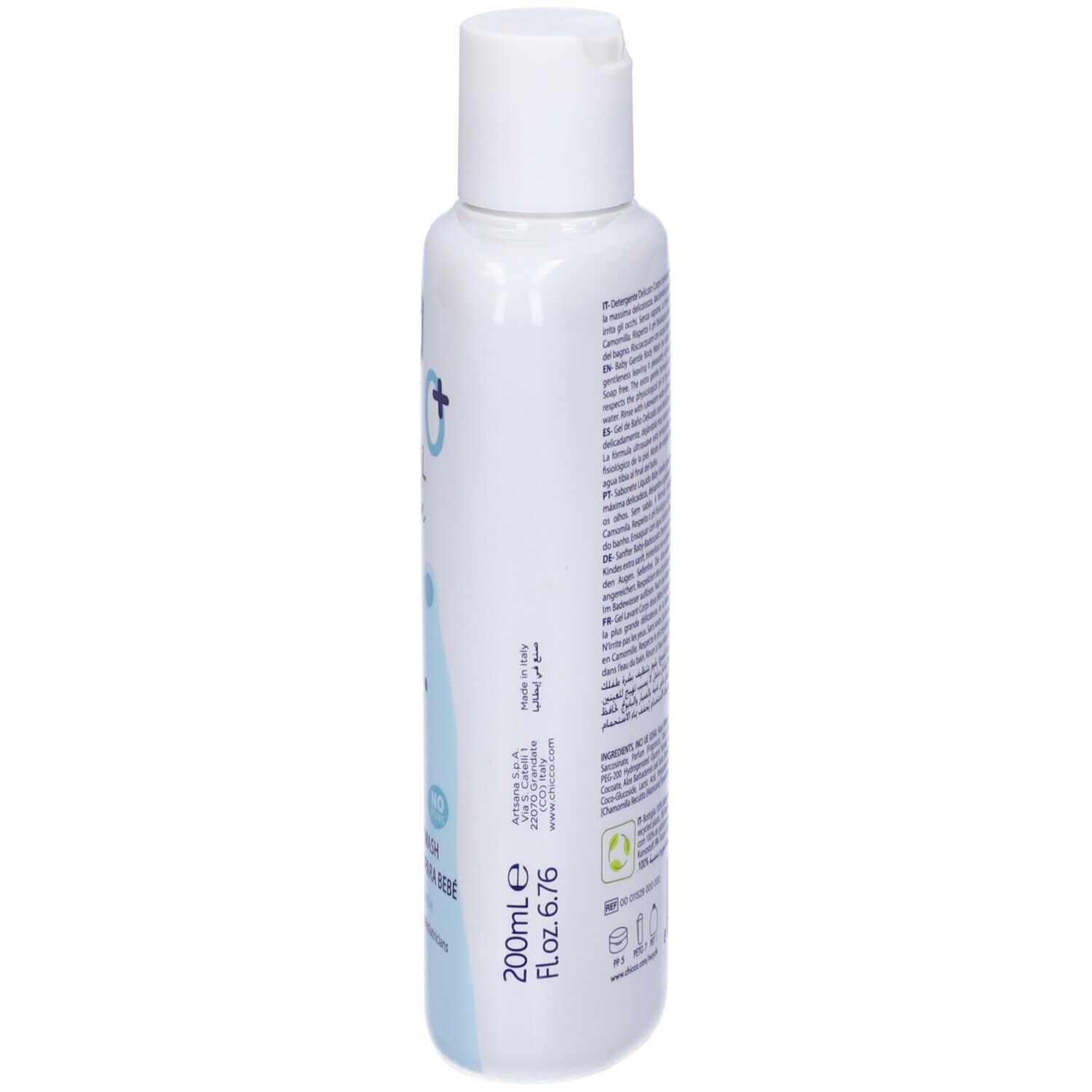 Flacone bianco, vista laterale. Scritta: Chicco, Natural Sensation, Baby Gentle Body Wash. Con camomilla e aloe. 200ml.
