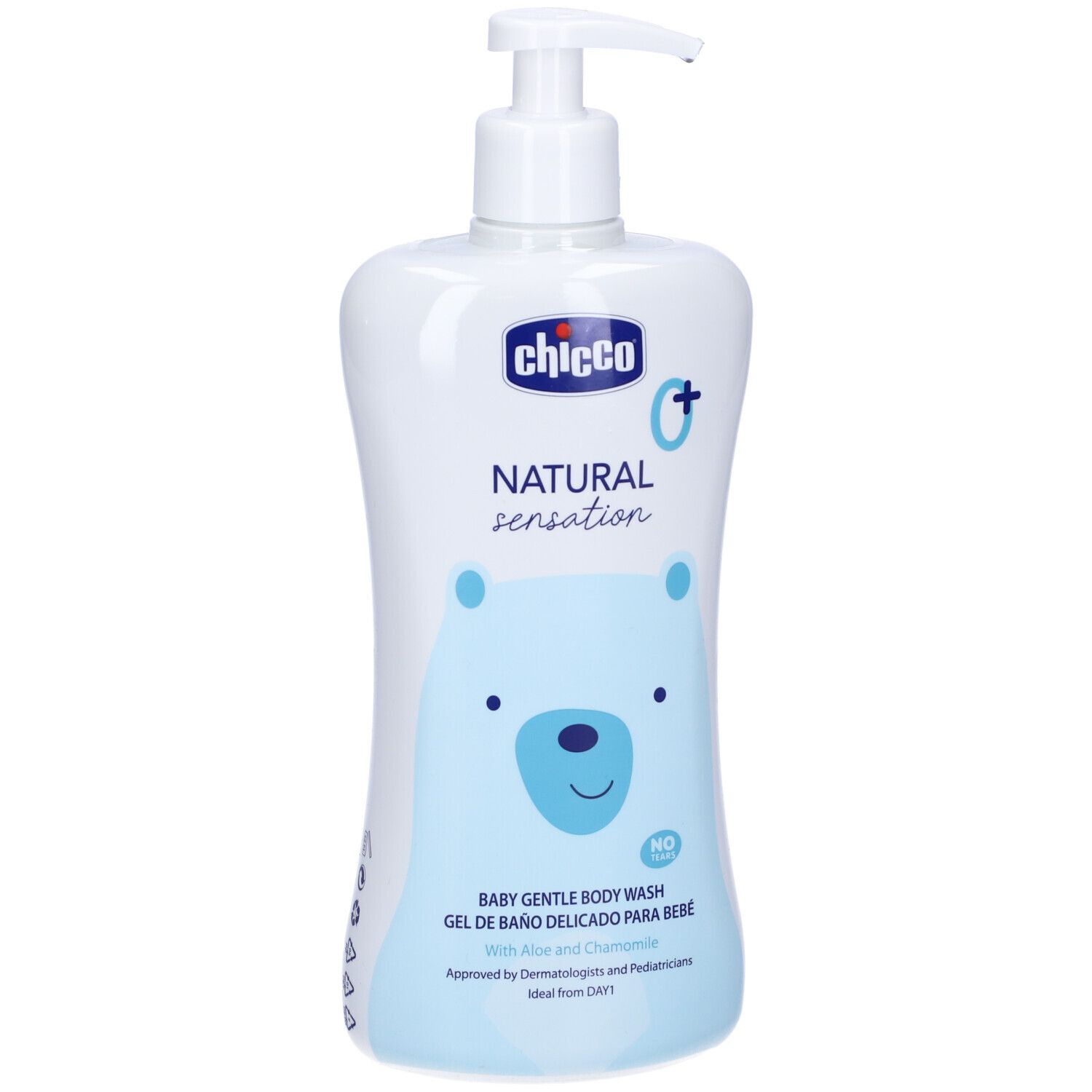 Flacone bianco con dosatore. Scritta: Chicco, Natural Sensation. Disegno orsetto. Baby Gentle Body Wash.