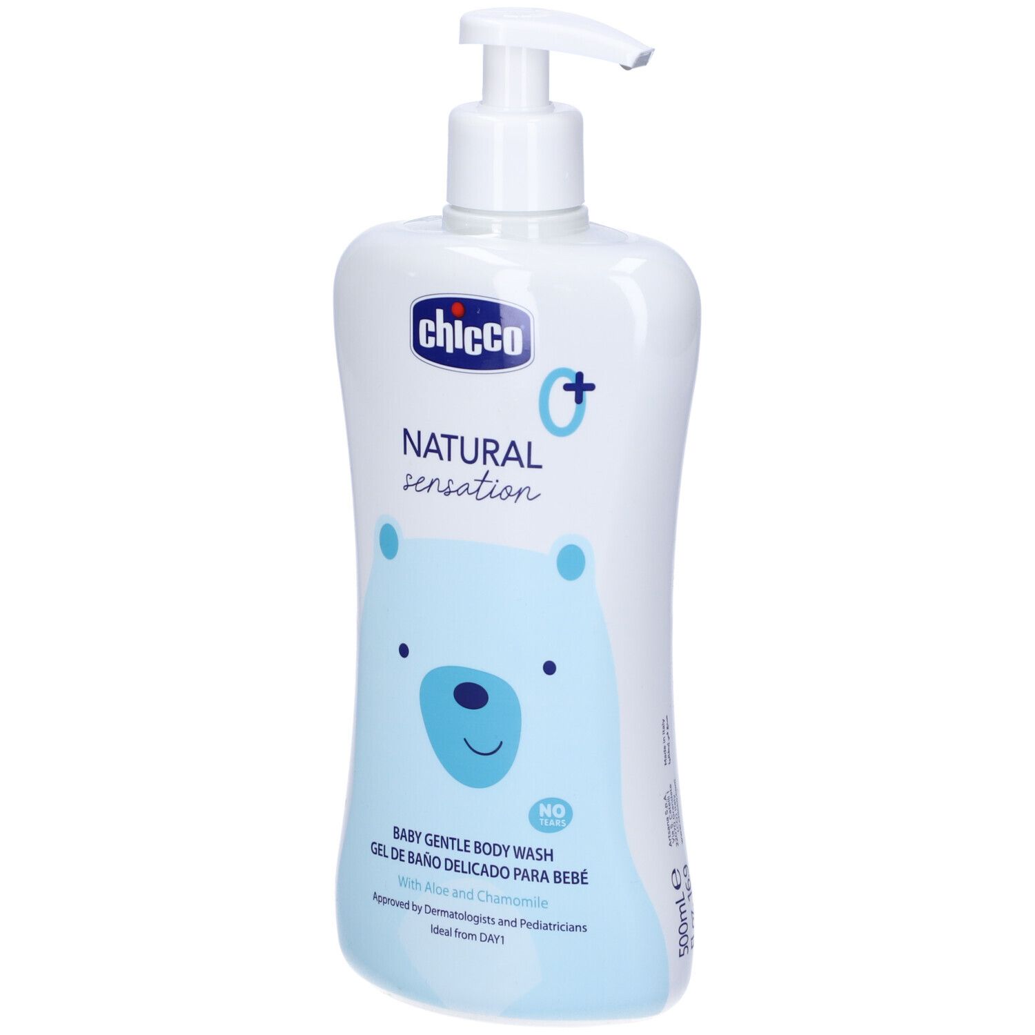 Flacone bianco con dosatore. Scritta: Chicco, Natural Sensation. Disegno orsetto. Baby Gentle Body Wash. 500ml.